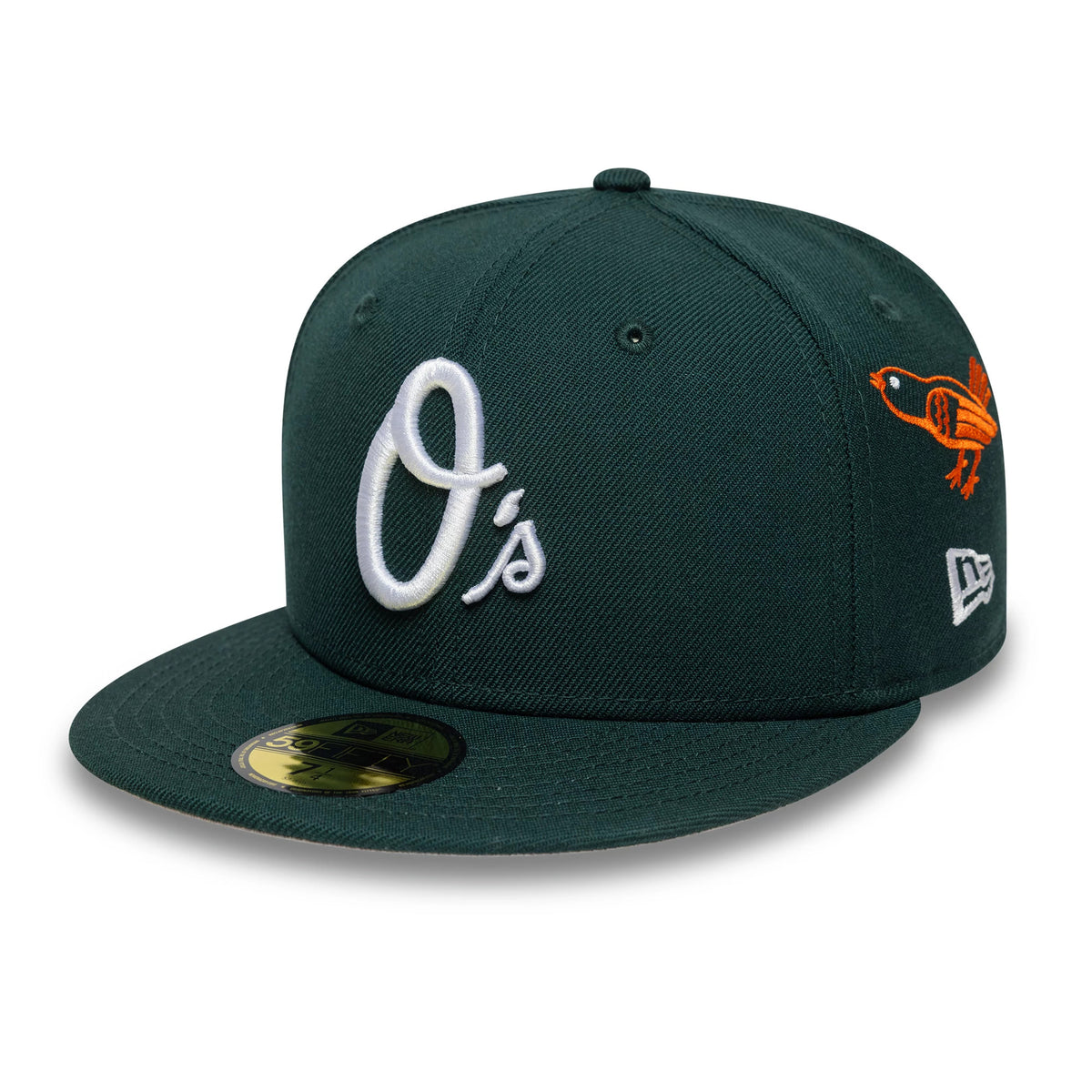 Baltimore Orioles MLB Dark Green New Era 59FIFTY Fitted Cap, three-quarter view with raised white embroidered O's logo on the front panel, orange bird logo on the right side, and a gold 59FIFTY size sticker on the flat dark green visor.