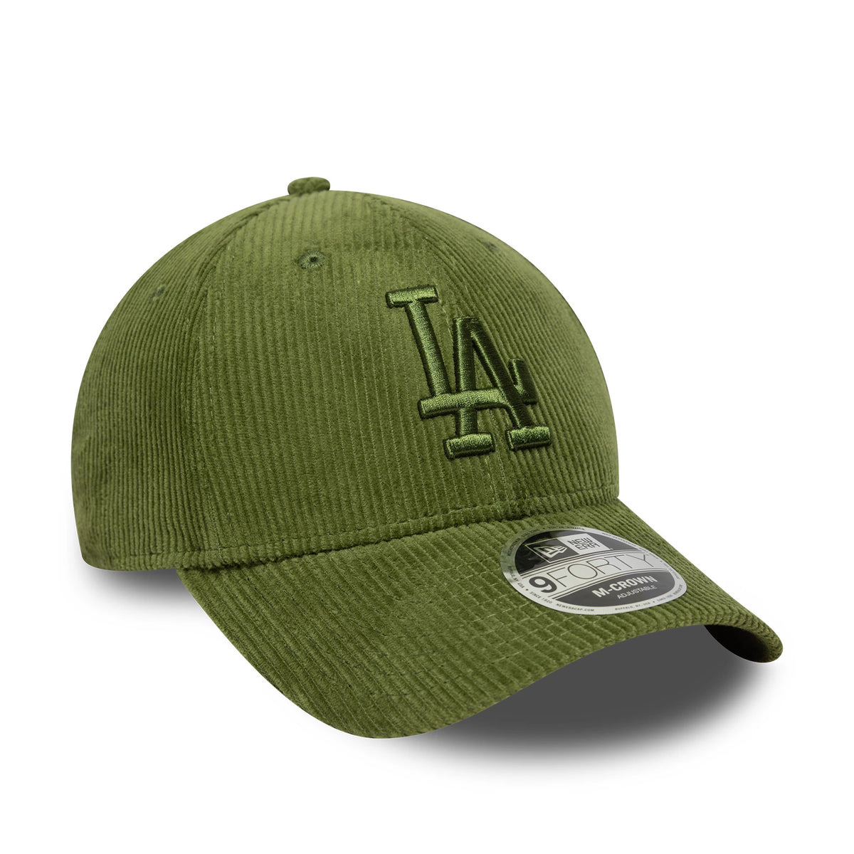 LA Dodgers MLB Cord Dark Green New Era 9FORTY M-Crown Adjustable Cap, three-quarter view showing the dark green embroidered LA logo on the front panel, with a flat-visor and a 9FORTY size sticker on the visor.
