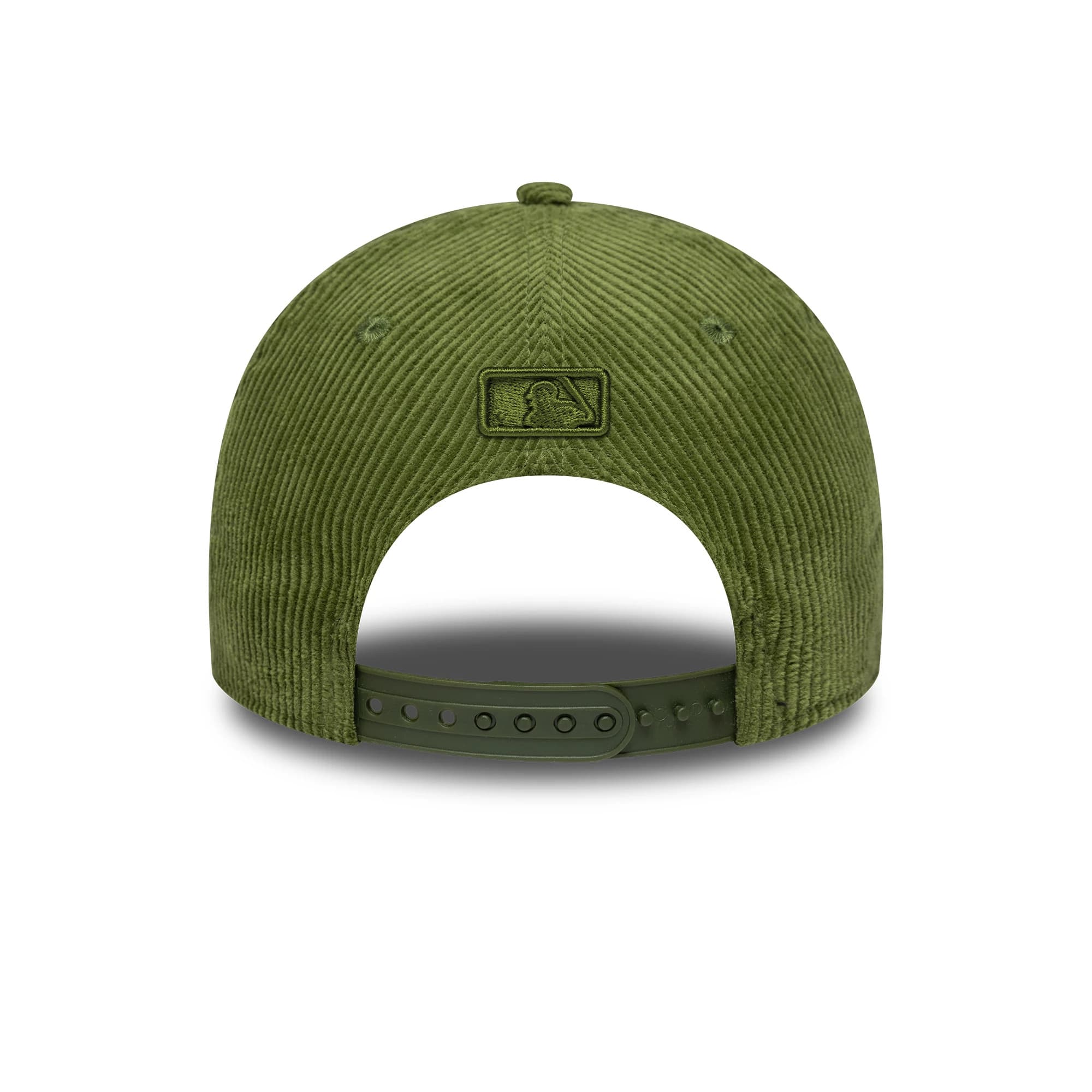LA Dodgers MLB Cord Dark Green New Era 9FORTY M-Crown Adjustable Cap, rear view showing the embroidered MLB Batterman logo above a dark green adjustable strap on the corduroy fabric.