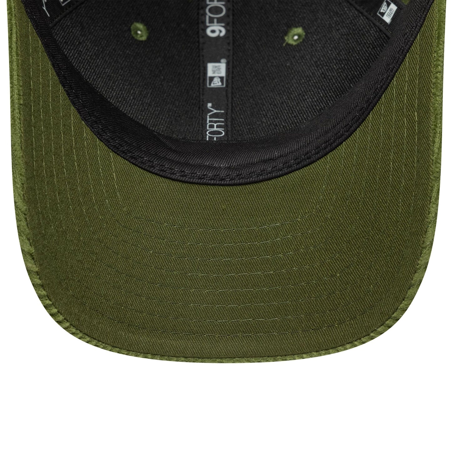 LA Dodgers MLB Cord Dark Green New Era 9FORTY M-Crown Adjustable Cap, inside view showing the black sweatband and dark green undervisor, with branded taping near the seams and two eyelets on the structured crown.