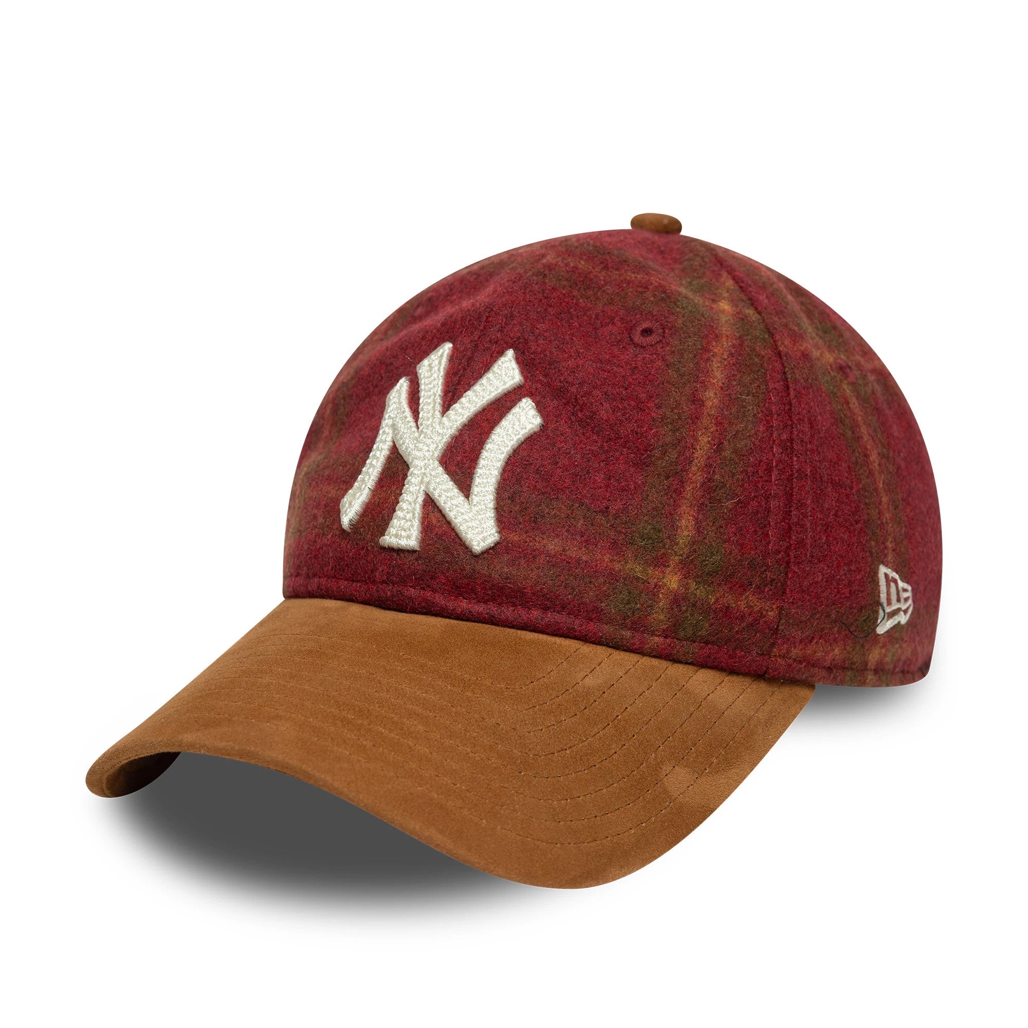 New York Yankees MLB Loden Suede Dark Red New Era 9TWENTY Adjustable Cap, three-quarter view showing the white raised embroidered NY logo on the front panel with a brown suede curved visor and New Era flag logo on the left side.