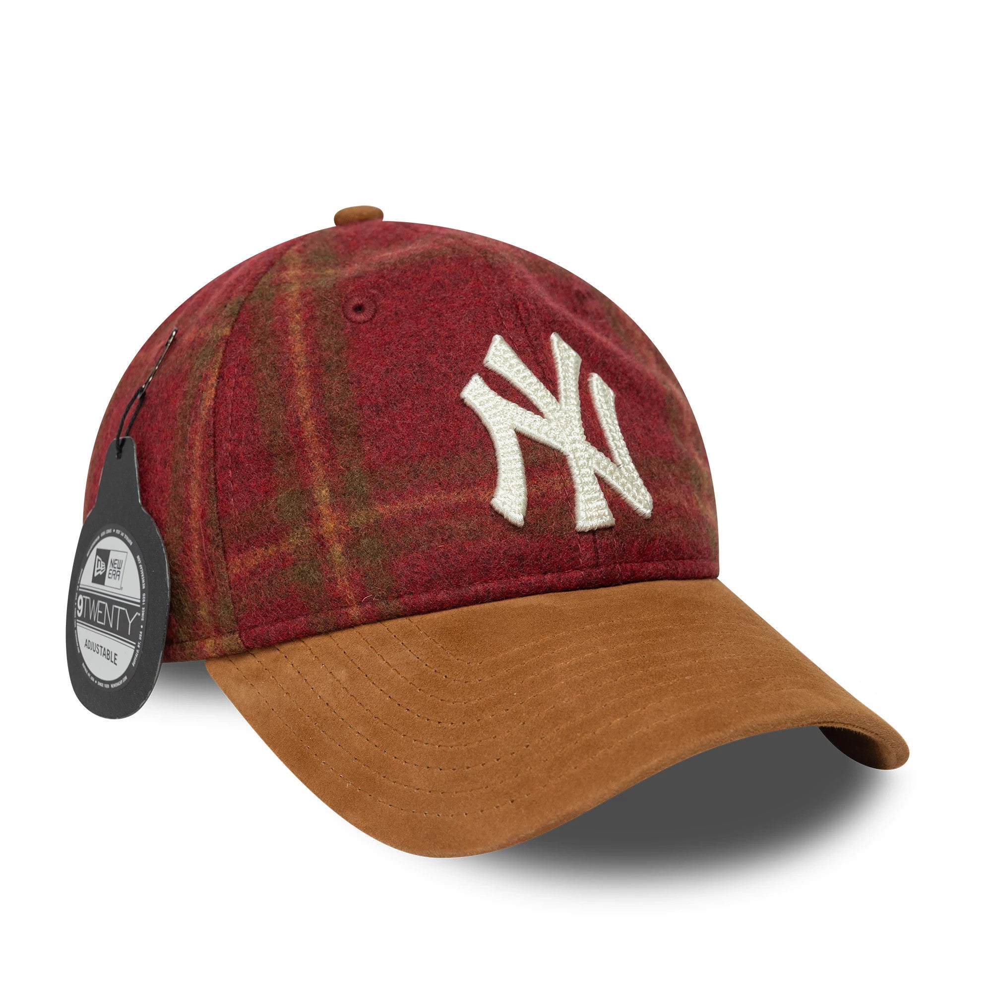 New York Yankees MLB Loden Suede Dark Red New Era 9TWENTY Adjustable Cap, three-quarter view showing the cream embroidered NY logo on the plaid crown, with a tan suede curved visor and attached black swing tag.