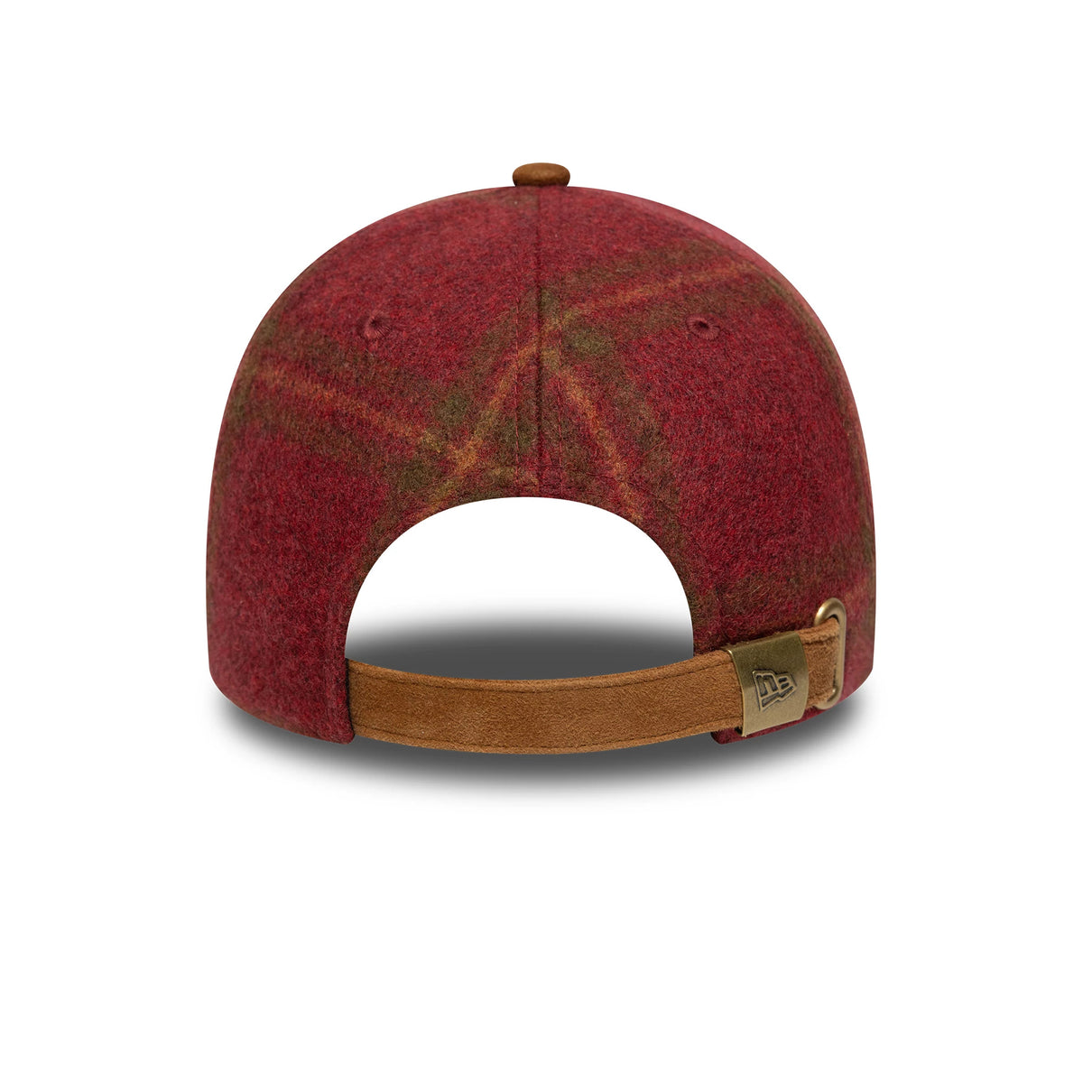 New York Yankees MLB Loden Suede Dark Red New Era 9TWENTY Adjustable Cap, rear view showing the strapback closure in brown suede with a New Era flag logo on the buckle, highlighting the dark red plaid pattern on the unstructured crown.