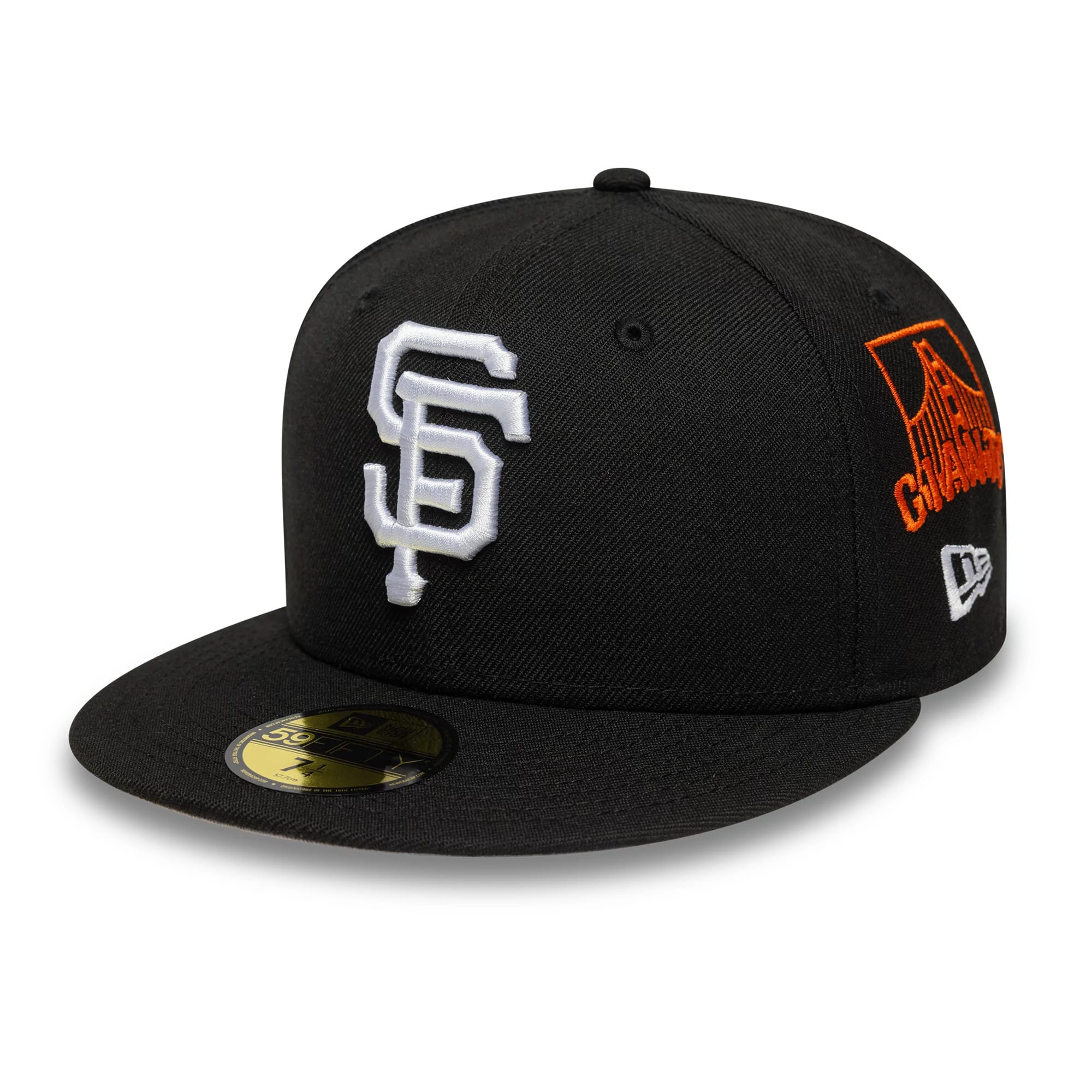 San Francisco Giants MLB Black New Era 59FIFTY Fitted Cap, three-quarter view showing a raised white embroidered SF logo on the front, an orange Giants skyline graphic on the right side, and a gold 59FIFTY size sticker on the black flat visor.