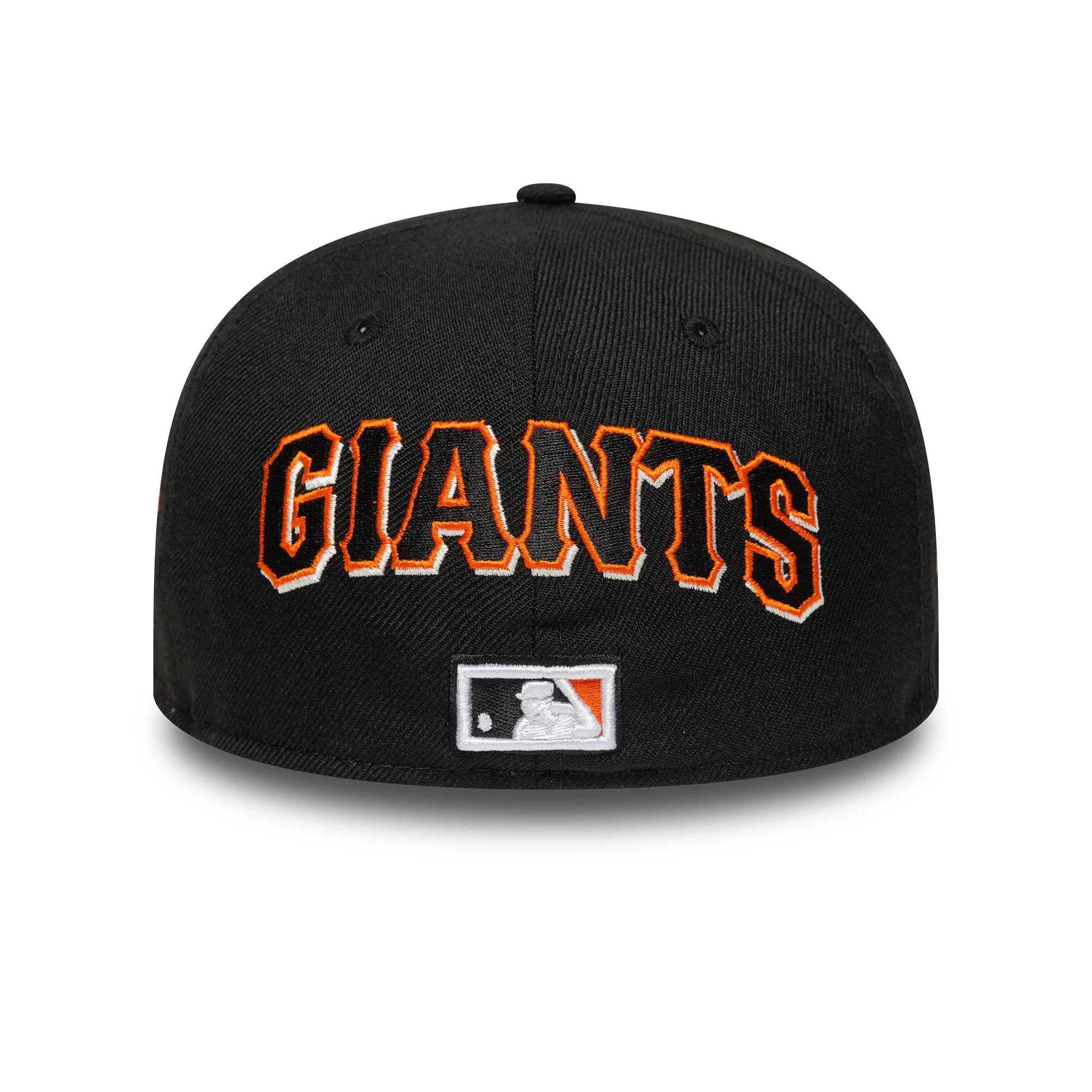 San Francisco Giants MLB Black New Era 59FIFTY Fitted Cap, rear view showing the orange and white embroidered Giants logo across the back, positioned above the white and orange MLB Batterman logo at the centre of the black panels.