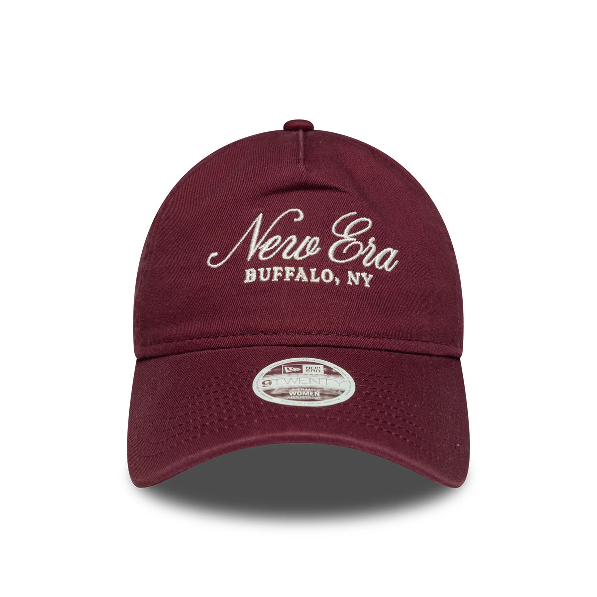 Womens New Era Dark Red 9TWENTY A-Frame Adjustable Cap, front view showing cream New Era Buffalo, NY script embroidery on the unstructured crown, with a dark red curved visor and a 9TWENTY size sticker.