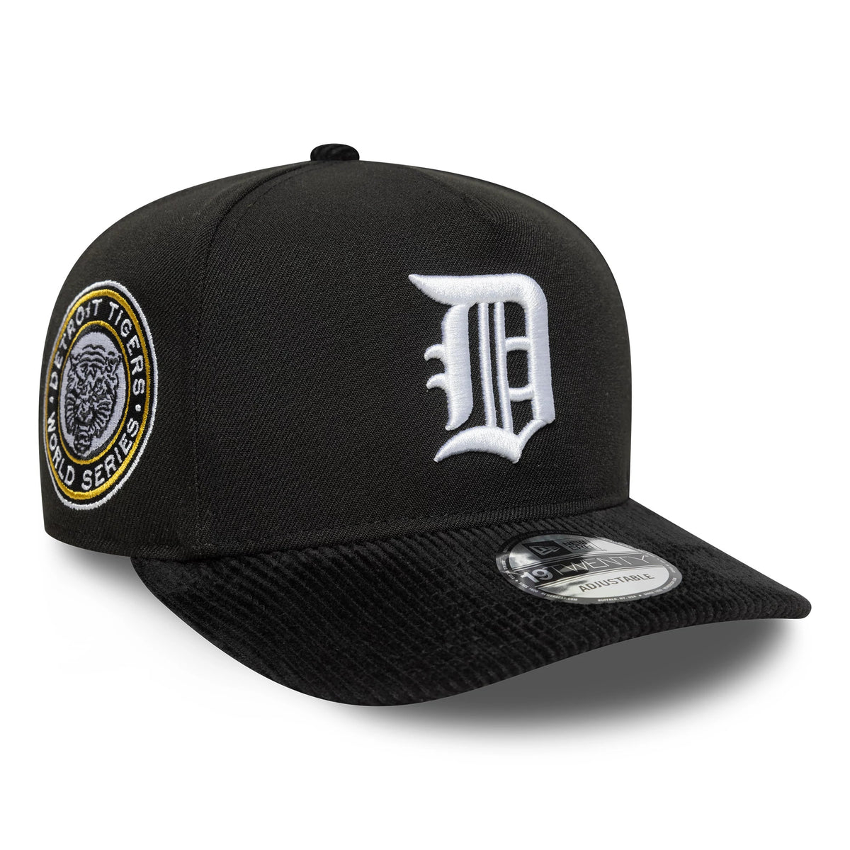 Detroit Tigers MLB Cooperstown Cord Black New Era 19TWENTY Adjustable Cap, three-quarter view showing the raised white embroidered D logo on the front panel, black corduroy visor, and 19TWENTY size sticker on the curved visor.