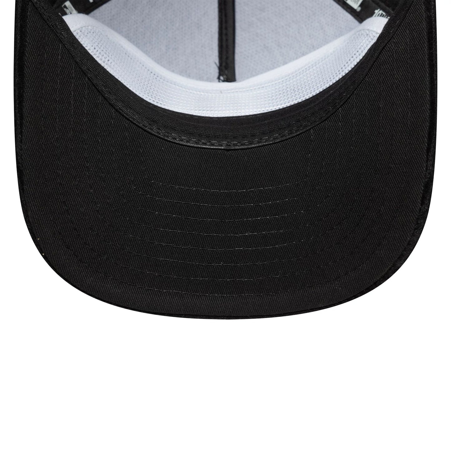 Detroit Tigers MLB Cooperstown Cord Black New Era 19TWENTY Adjustable Cap, inside view showing the black undervisor, white mesh sweatband, and black interior taping along the seams for added support and comfort.