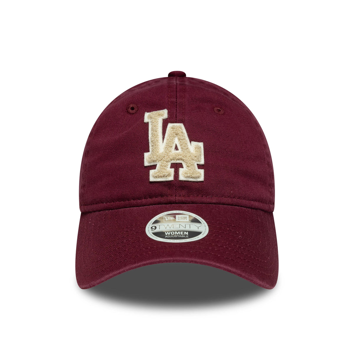 LA Dodgers Womens MLB Boucle Dark Red New Era 9TWENTY Adjustable Cap, front view showing a cream LA logo in boucle embroidery on the dark red front panel, with a curved visor and 9TWENTY size sticker.