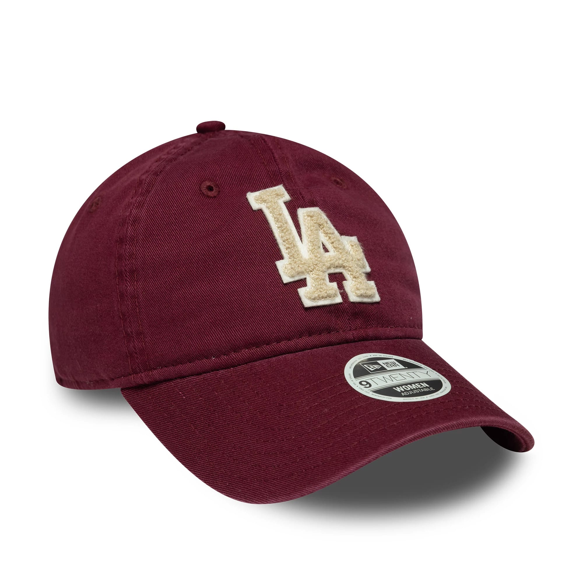 LA Dodgers Womens MLB Boucle Dark Red New Era 9TWENTY Adjustable Cap, three-quarter view with a cream boucle LA logo in raised embroidery on the front panel and an LA Dodgers New Era 9TWENTY size sticker on the curved visor.