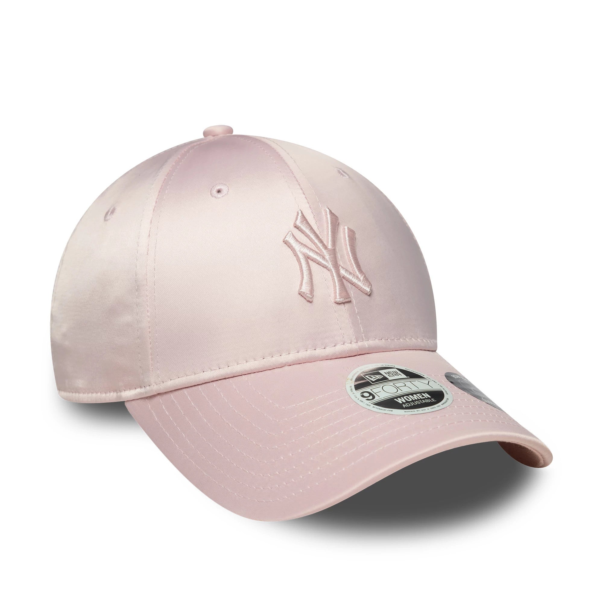 New York Yankees Womens MLB Satin Bow Back Pastel Pink New Era 9FORTY Adjustable Cap, three-quarter view showing the pink raised embroidered NY logo on the front panel with a curved pastel pink visor and 9FORTY size sticker.