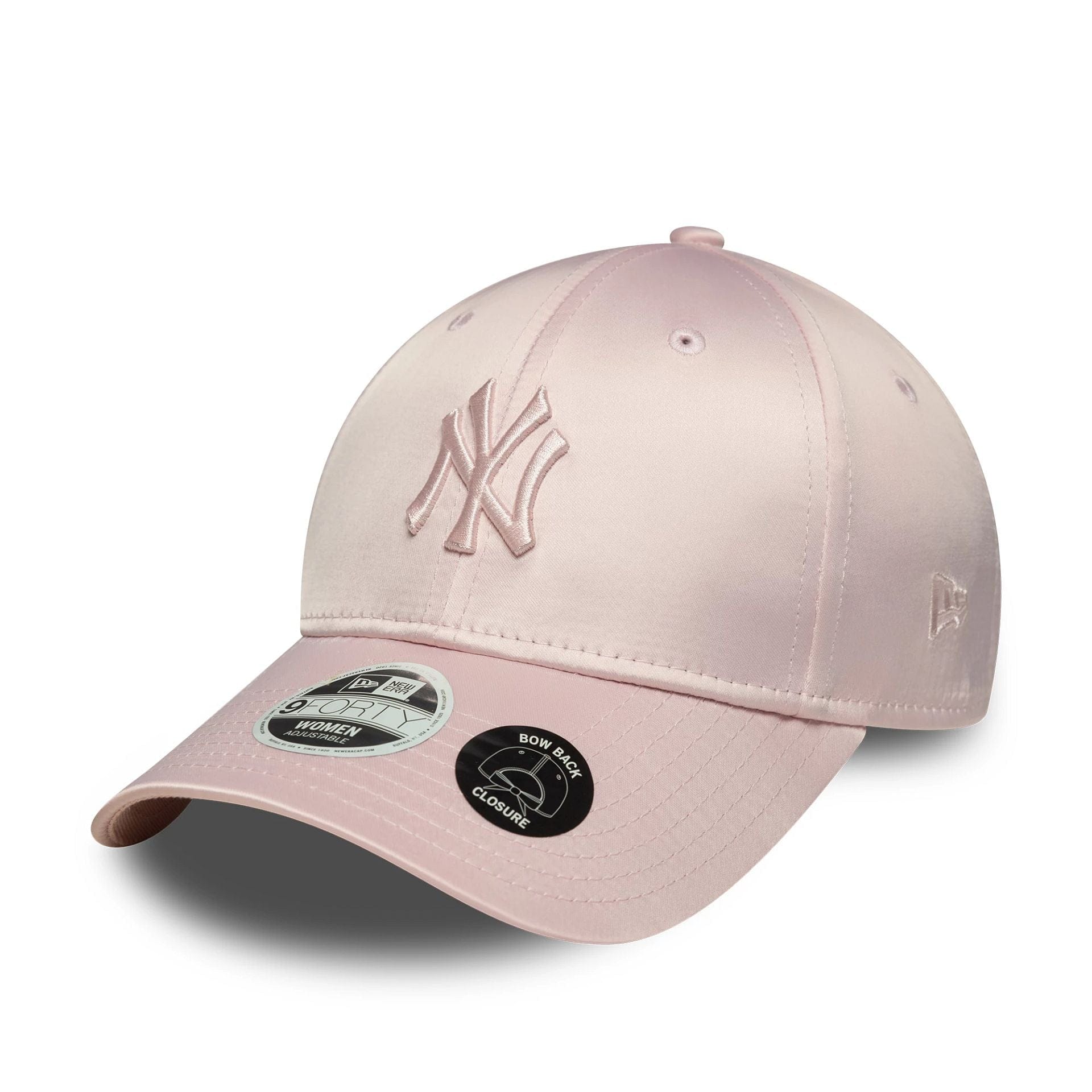 This is a New York Yankees Womens MLB Satin Bow Back Pastel Pink 9FORTY Adjustable Cap 1