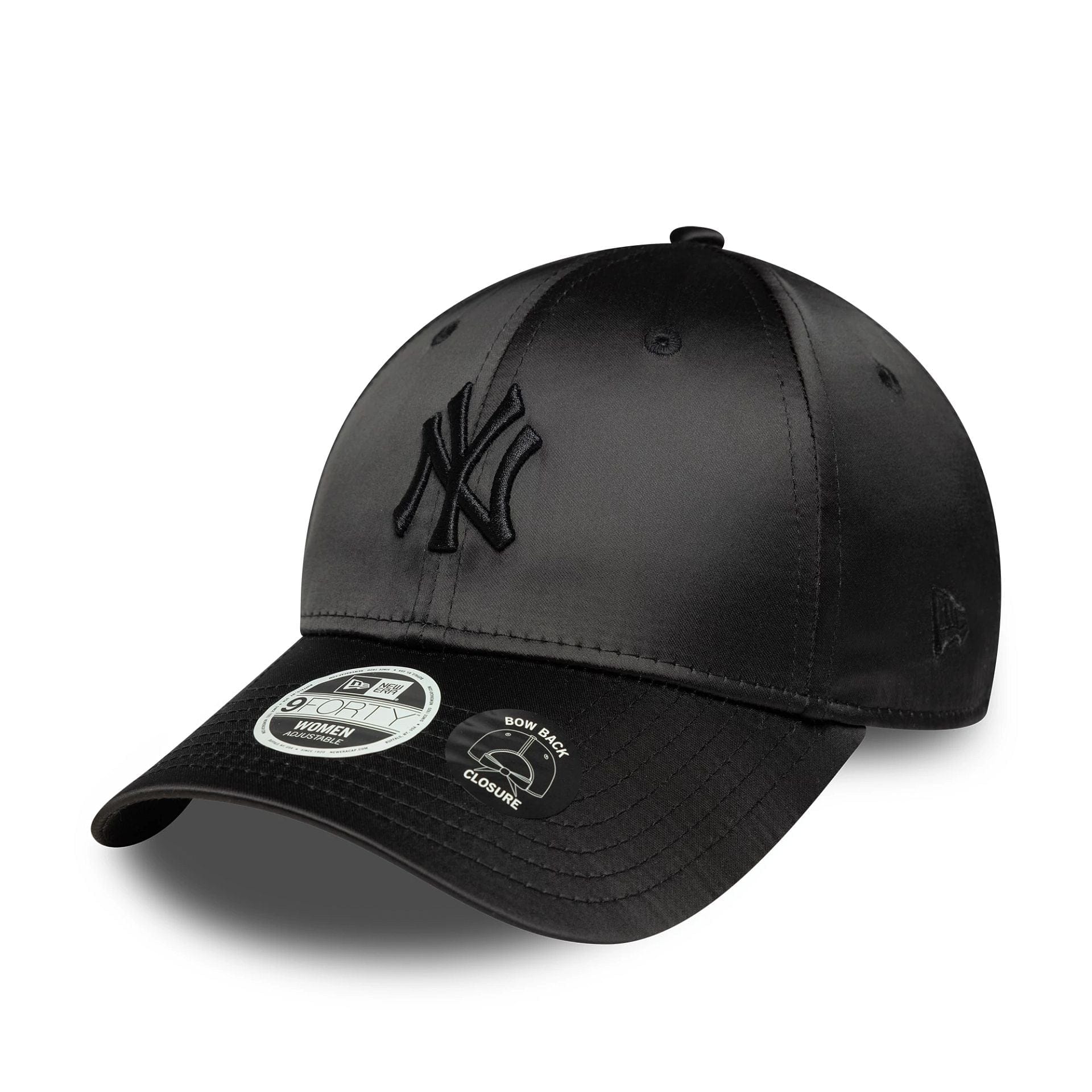 This is a New York Yankees Womens MLB Satin Bow Back Black 9FORTY Adjustable Cap 1