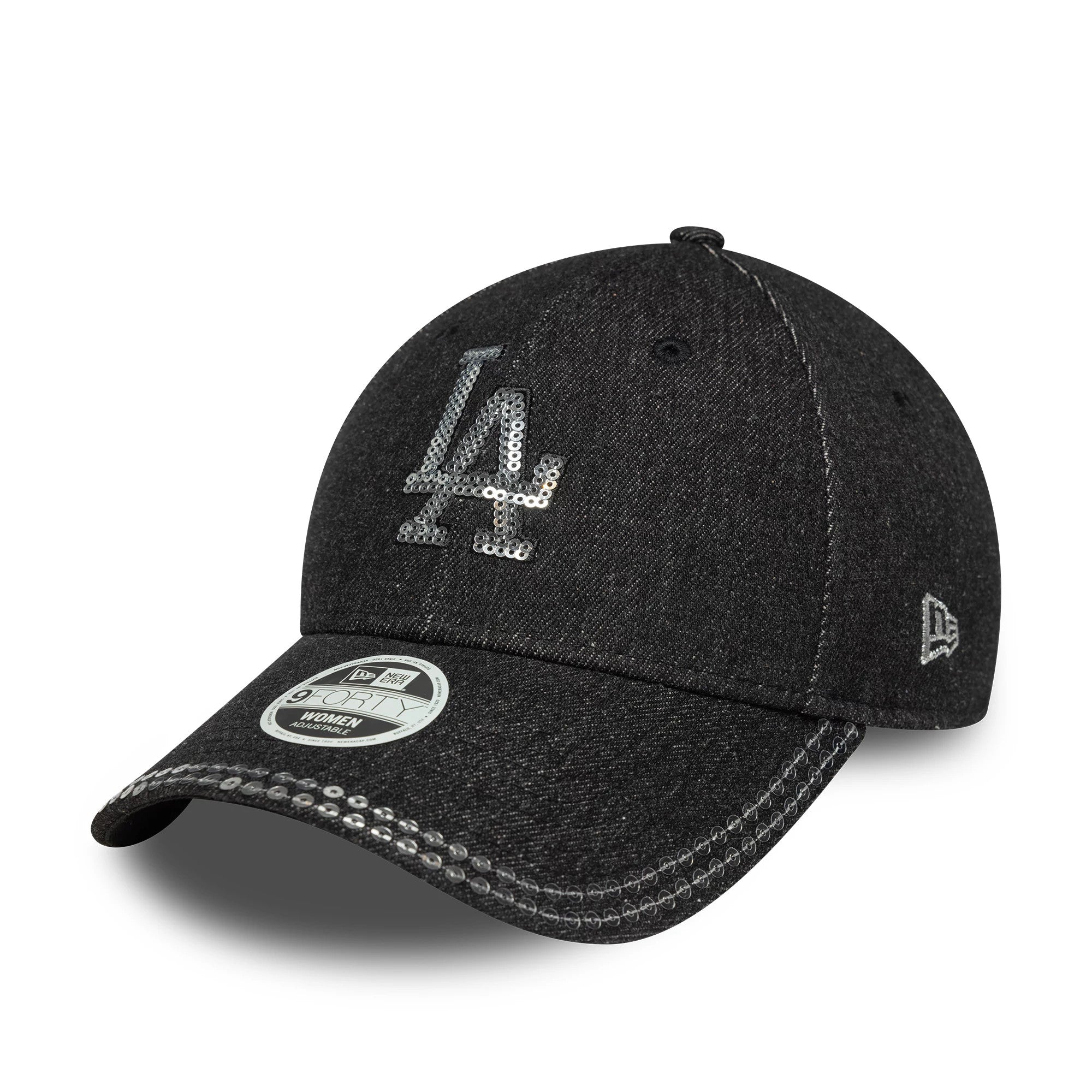 This is a LA Dodgers Womens MLB Sequin Black 9FORTY Adjustable Cap 1