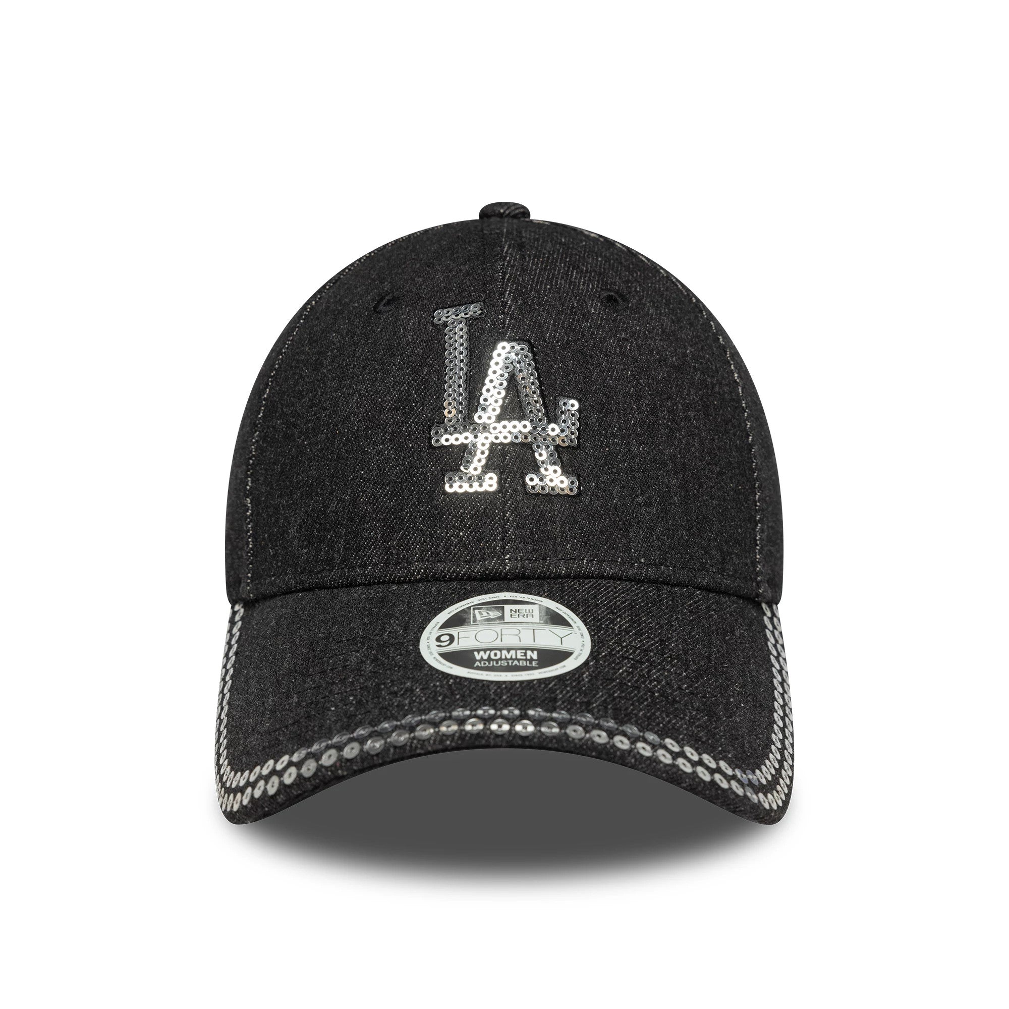 LA Dodgers Womens MLB Sequin Black New Era 9FORTY Adjustable Cap, front view showing a silver sequinned LA logo on the structured black crown, with a 9FORTY size sticker and sequin details along the curved visor edge.