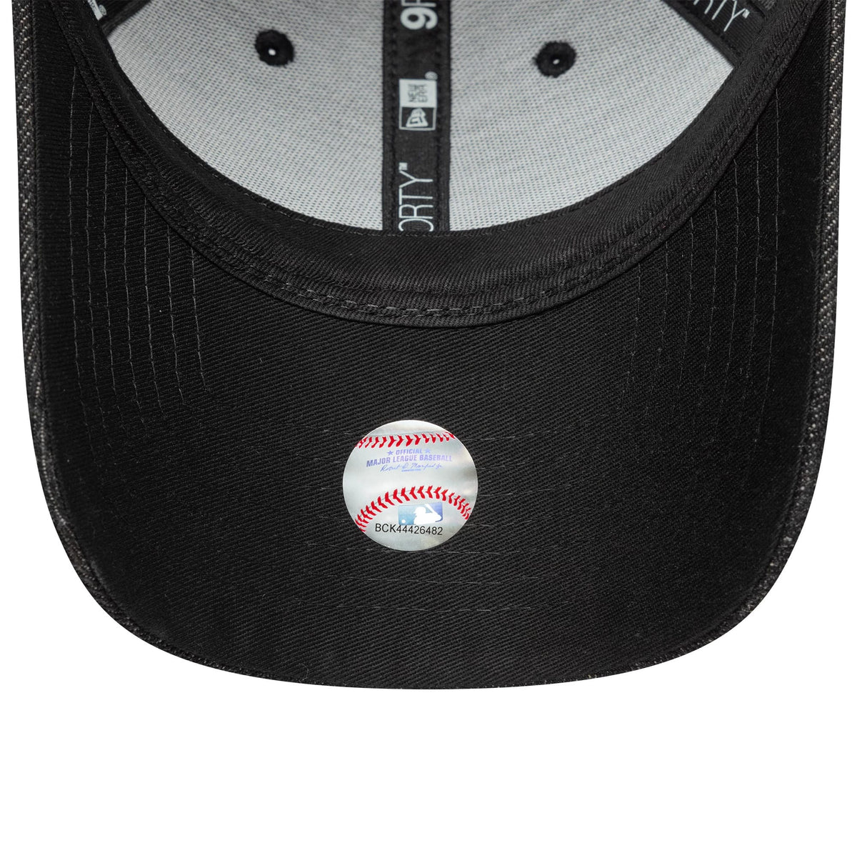 LA Dodgers Womens MLB Sequin Black New Era 9FORTY Adjustable Cap, inside view showing the black sweatband, 9FORTY label on the taping, and MLB authentication sticker on the black underside of the visor.