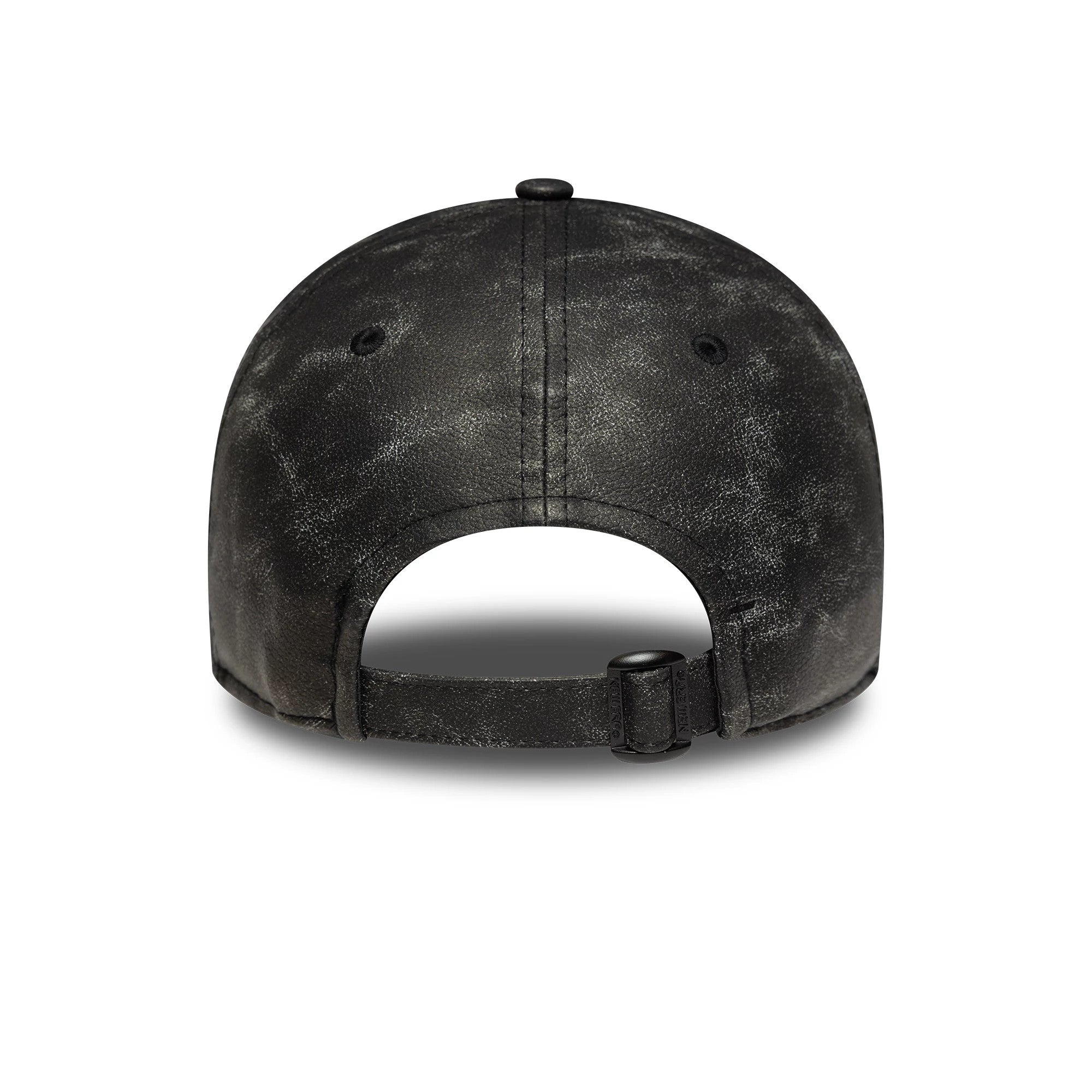 New York Yankees Womens MLB Worn PU Black New Era 9TWENTY Adjustable Cap, rear view showing the distressed black finish, black clasp on the adjustable strap, and a curved visor, with a structured crown and prominent rear opening.