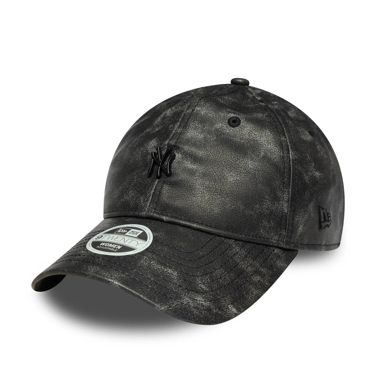 New York Yankees Womens MLB Worn PU Black New Era 9TWENTY Adjustable Cap, three-quarter view showing the black raised embroidered NY logo on the front panel, faded black visor with grey 9TWENTY size sticker, and New Era flag logo on the left side.