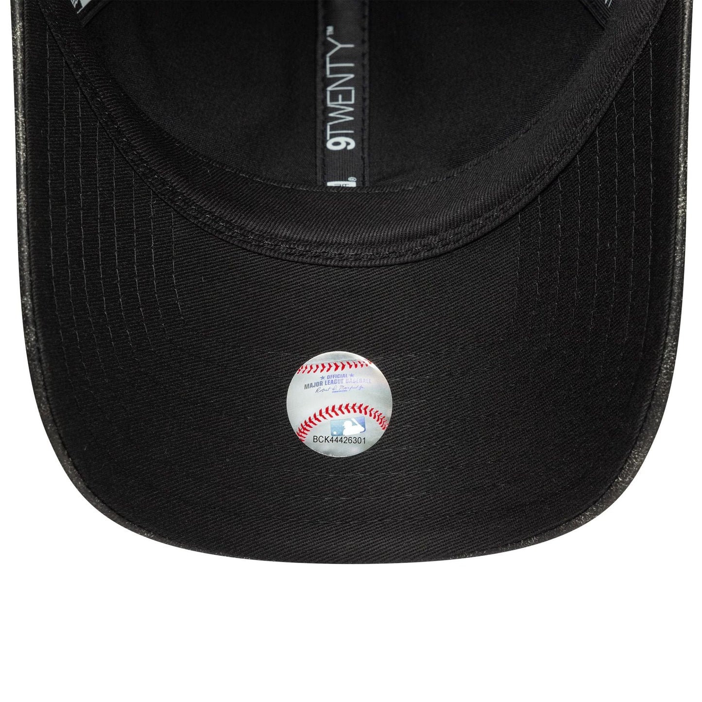 New York Yankees Womens MLB Worn PU Black New Era 9TWENTY Adjustable Cap, inside view showing the black sweatband with printed 9TWENTY taping and a small baseball sticker on the black undervisor.