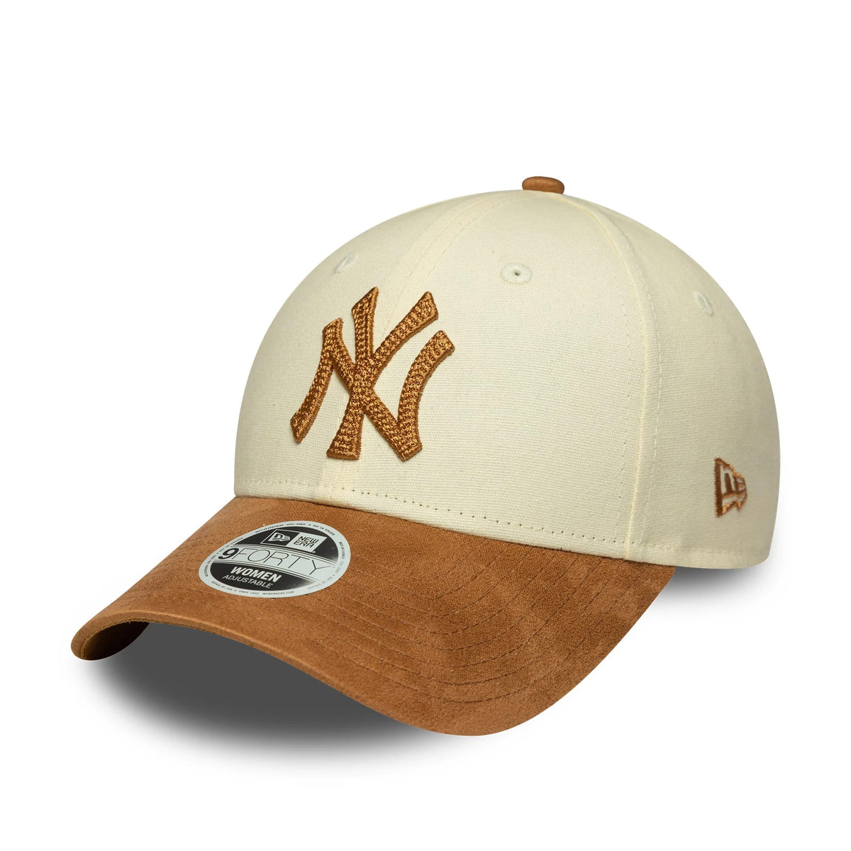 New York Yankees Womens MLB Faux Suede Cream New Era 9FORTY Adjustable Cap, three-quarter view showing the brown embroidered NY logo on the front panel, cream crown, brown faux suede visor and New Era flag on the left side with 9FORTY size sticker.