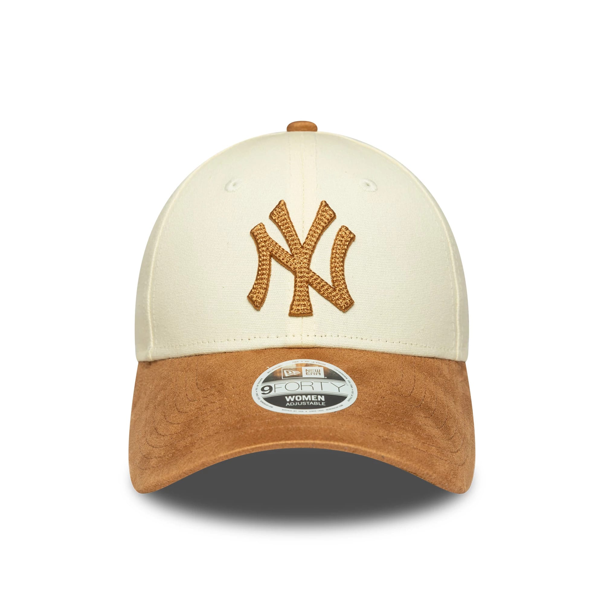 New York Yankees Womens MLB Faux Suede Cream New Era 9FORTY Adjustable Cap, front view showing the raised brown embroidered NY logo on the cream crown, with a brown suede visor and a 9FORTY size sticker.