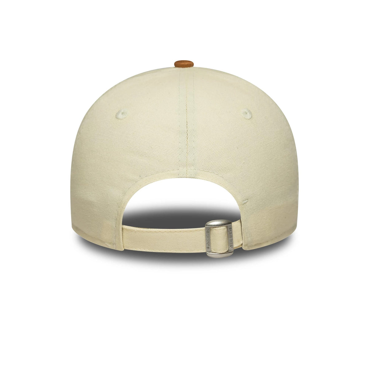 New York Yankees Womens MLB Faux Suede Cream New Era 9FORTY Adjustable Cap, rear view featuring the cream strap with buckle, brown top button, and matching eyelets on the cream faux suede crown.