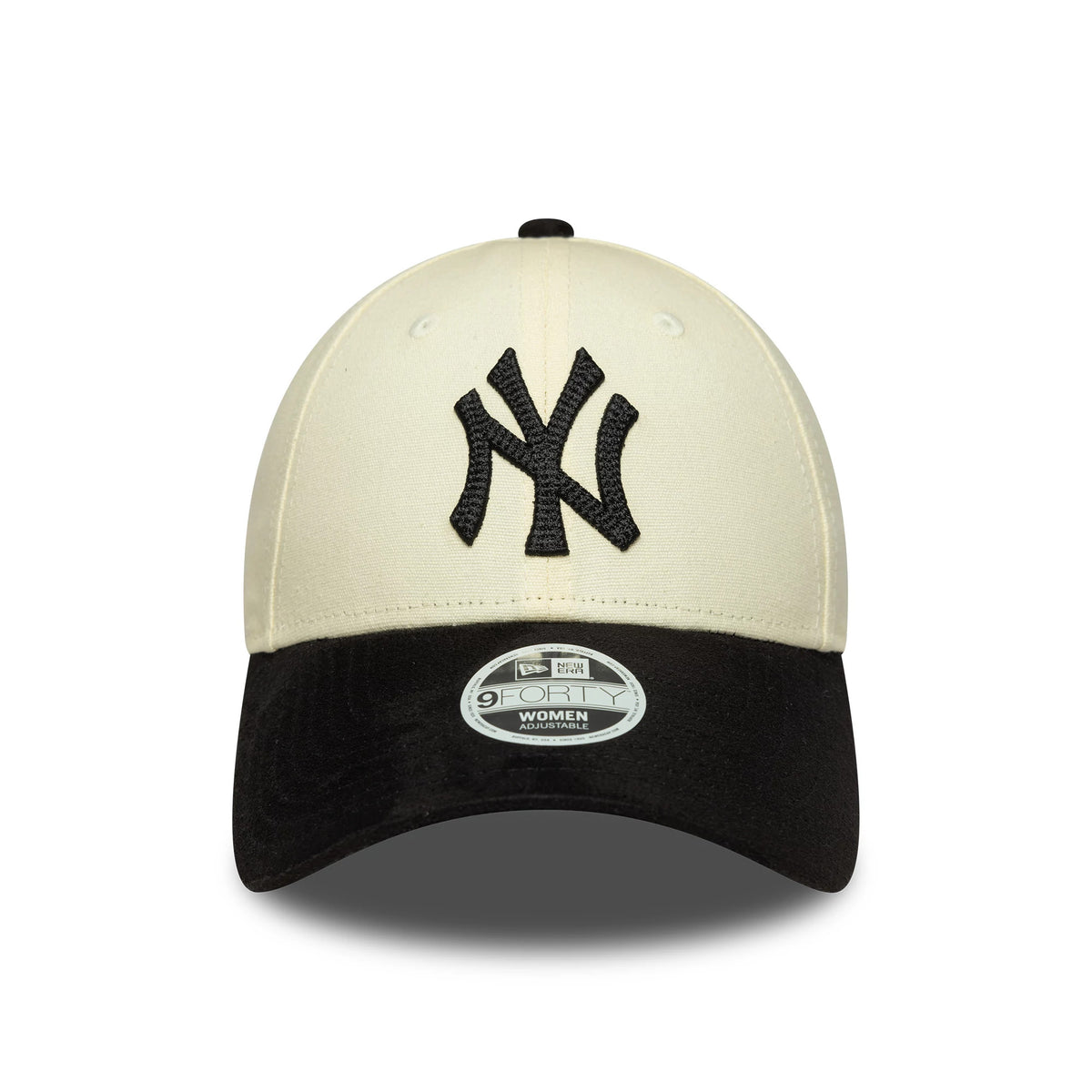 New York Yankees Womens MLB Faux Suede Light Beige New Era 9FORTY Adjustable Cap, front view showing a black embroidered NY logo on the light beige front panels with a black faux suede visor and a 9FORTY size sticker.