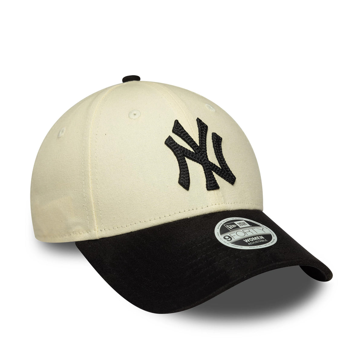 New York Yankees Womens MLB Faux Suede Light Beige New Era 9FORTY Adjustable Cap, three-quarter view showing the black embroidered NY logo on the front panel, with a contrasting black visor and 9FORTY size sticker.