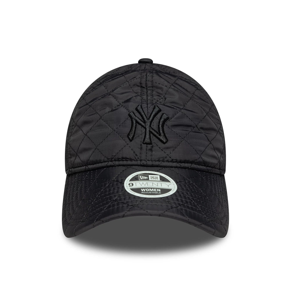 New York Yankees Womens MLB Padded Black New Era 9TWENTY Adjustable Cap, front view showing a black embroidered NY logo on the quilted front panels, with a 9TWENTY size sticker on the black curved visor.
