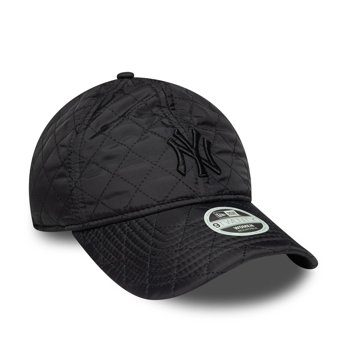 New York Yankees Womens MLB Padded Black New Era 9TWENTY Adjustable Cap, three-quarter view showing the black quilted fabric with an embroidered NY logo on the front panel and a 9TWENTY size sticker on the black curved visor.