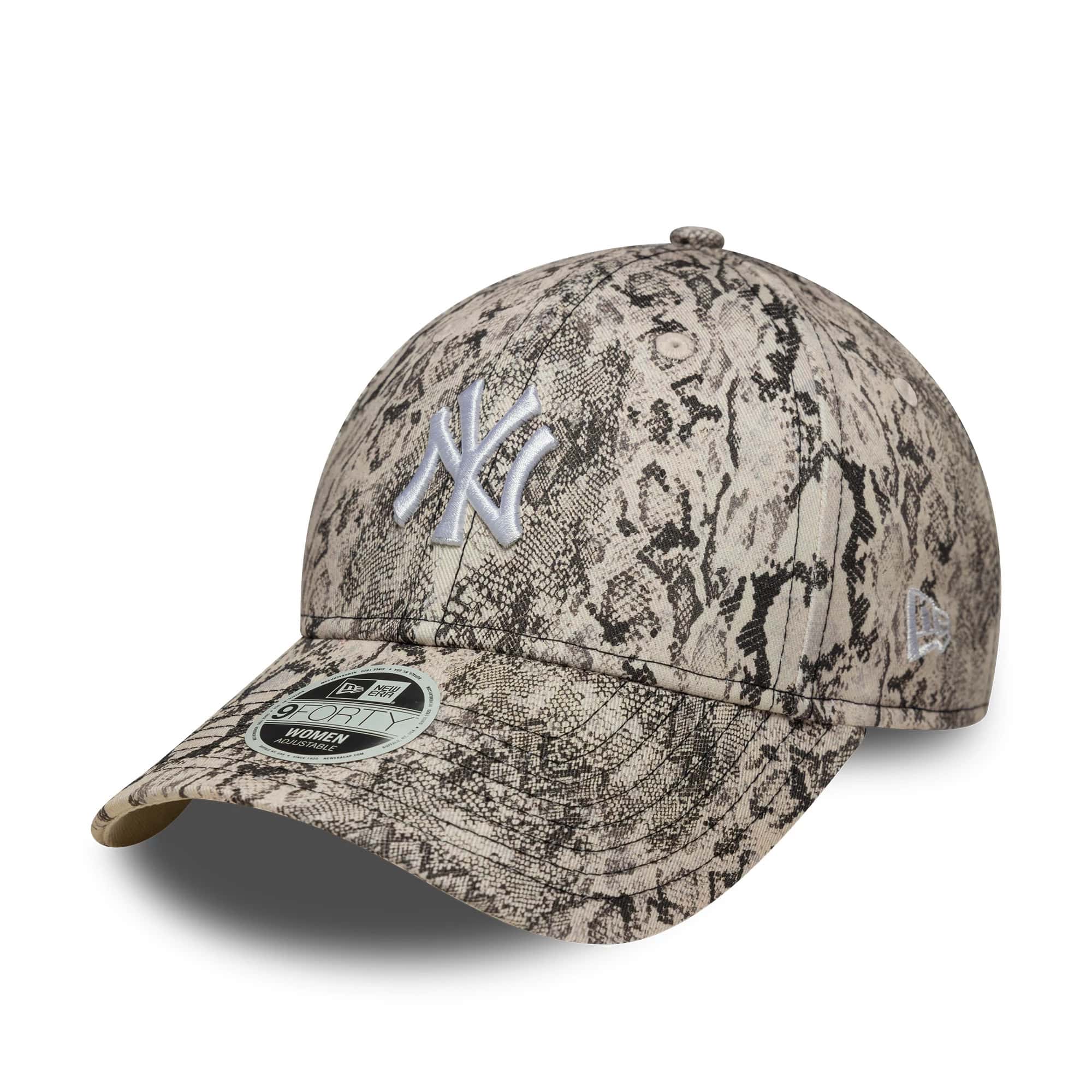 New York Yankees Womens MLB Snake Grey New Era 9FORTY Adjustable Cap, three-quarter view showing the white embroidered Yankees logo on the snake-patterned front panel, curved visor with a 9FORTY size sticker, and New Era flag logo on the left side.