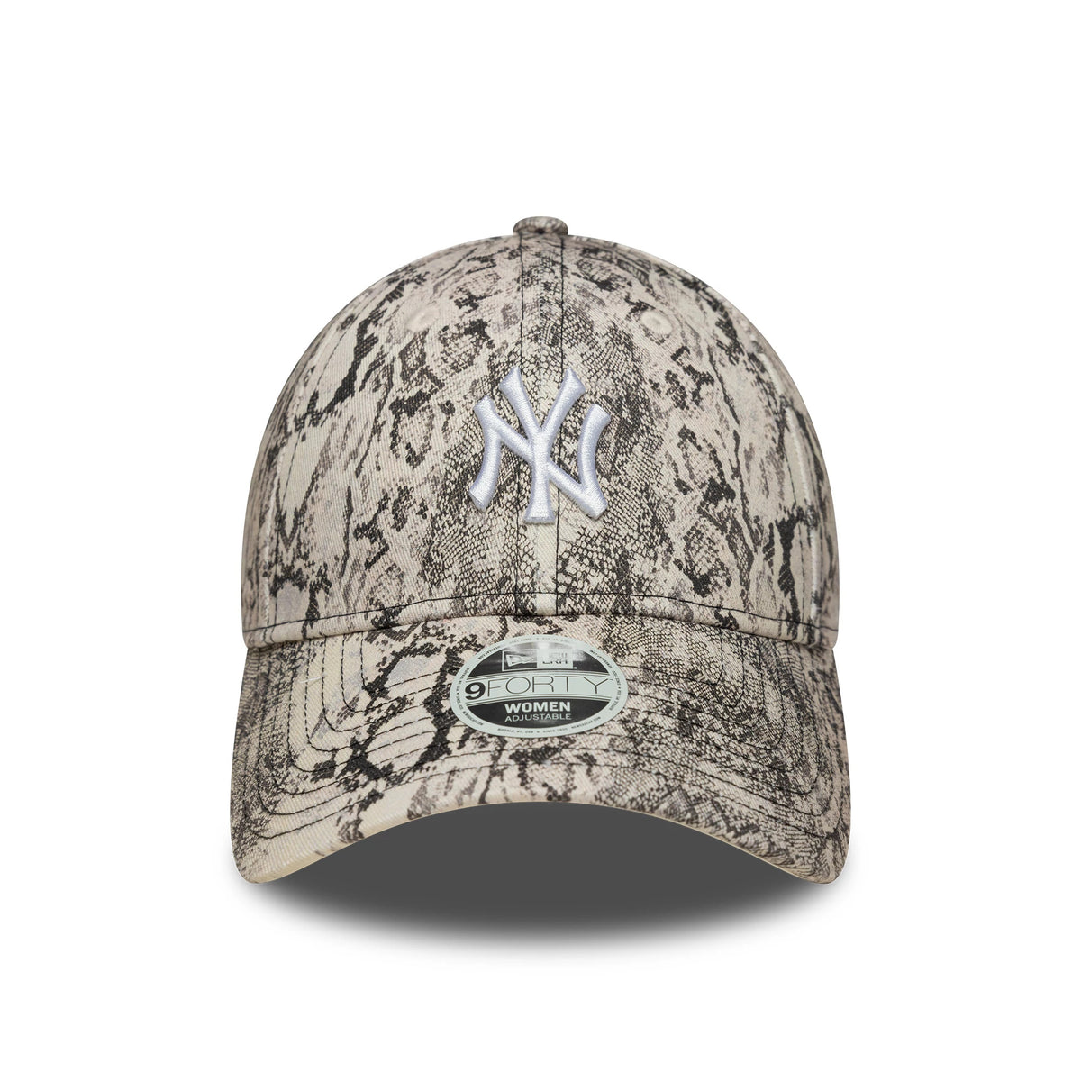 New York Yankees Womens MLB Snake Grey New Era 9FORTY Adjustable Cap, front view showing a white embroidered NY logo on the snake-patterned crown, with a curved visor and a 9FORTY size sticker on the top.