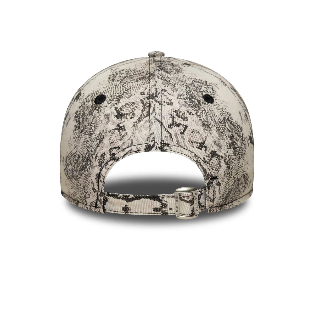 New York Yankees Womens MLB Snake Grey New Era 9FORTY Adjustable Cap, rear view showing the unique snake pattern covering the crown and adjustable strap with a clasp, and black embroidered eyelets on the side panels.