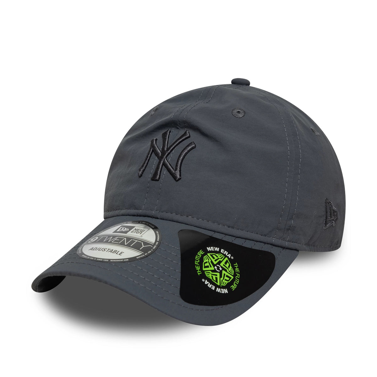 New York Yankees MLB Tonal Recycled Dark Grey New Era 9TWENTY Adjustable Cap, front view showing the dark grey raised embroidered NY logo on the unstructured crown, with a curved visor featuring a 9TWENTY size sticker.