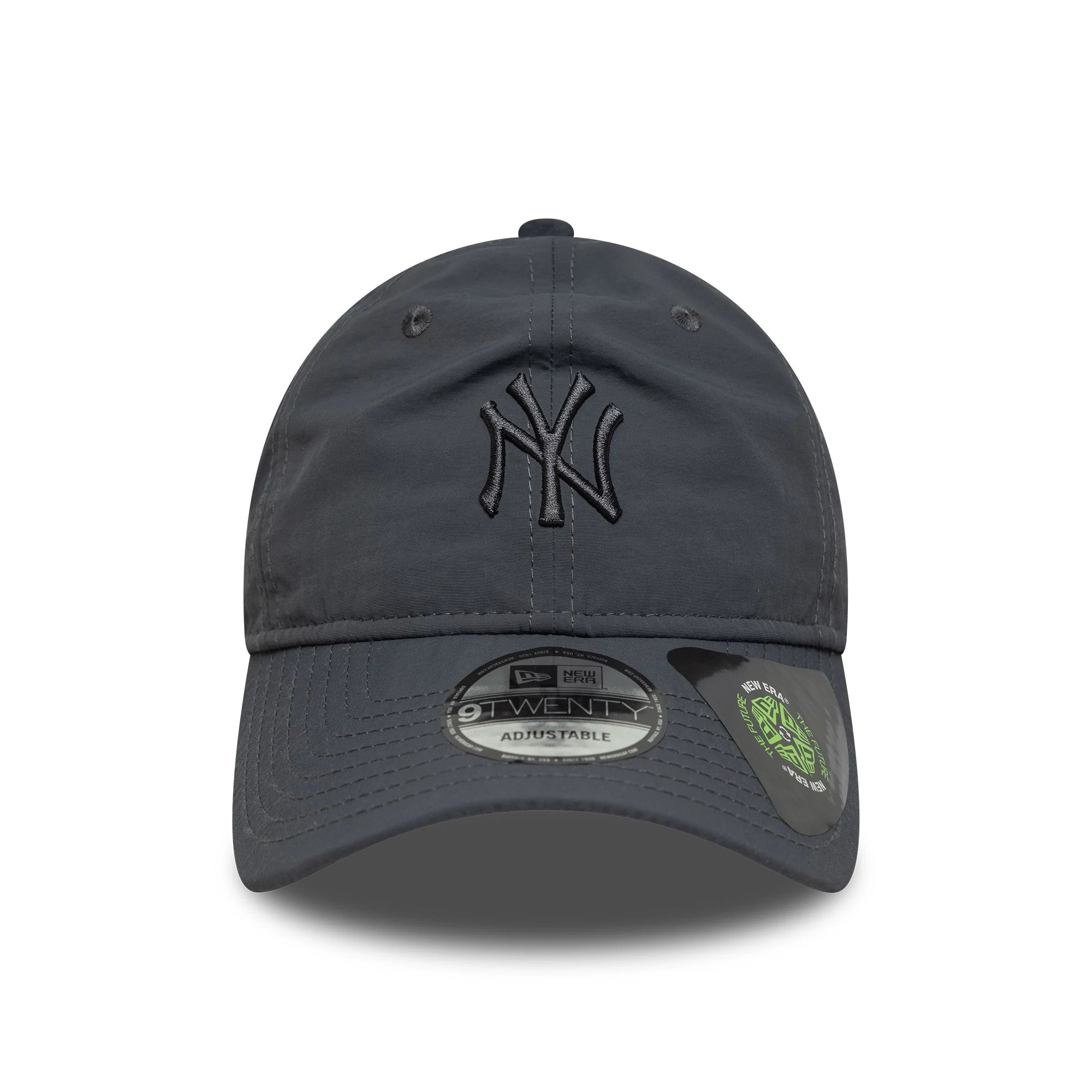 New York Yankees MLB Tonal Recycled Dark Grey New Era 9TWENTY Adjustable Cap, front view showing the black embroidered NY logo on the unstructured crown, with a curved visor and 9TWENTY size sticker on the dark grey material.