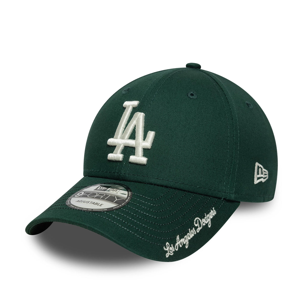 LA Dodgers MLB Visor Script Dark Green New Era 9FORTY Adjustable Cap, three-quarter view showing the raised white LA logo on the front panel, the New Era flag logo on the left, and the script embroidery on the dark green curved visor.