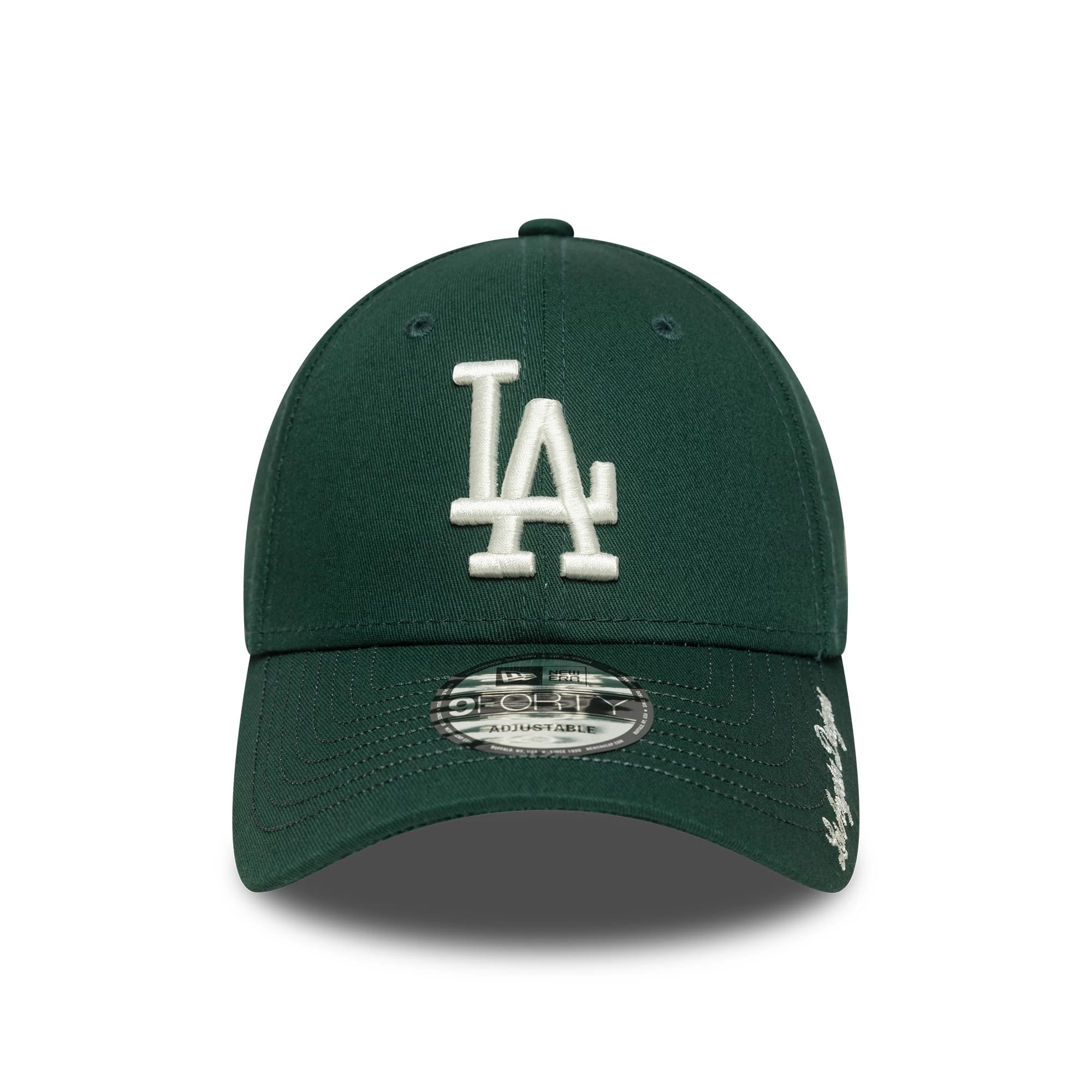 LA Dodgers MLB Visor Script Dark Green New Era 9FORTY Adjustable Cap, front view showing the white raised embroidery LA logo on the structured crown, with a 9FORTY size sticker on the dark green curved visor.