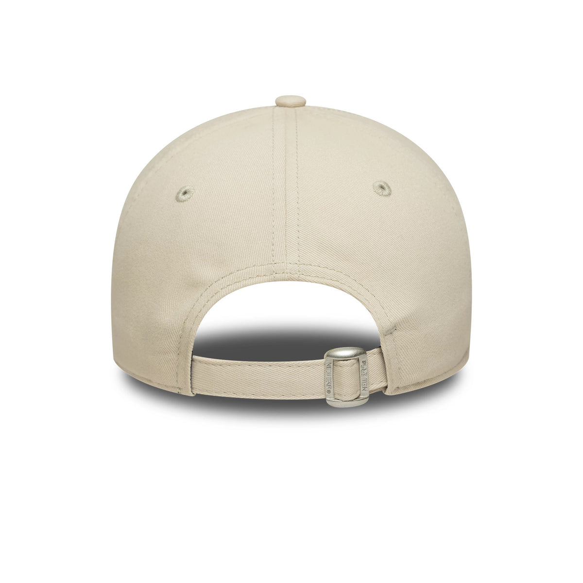 New Era Wordmark Cream 9TWENTY Adjustable Cap, rear view showing the cream cotton strap with a silver buckle and matching top button, along with embroidered eyelets on the unstructured crown.