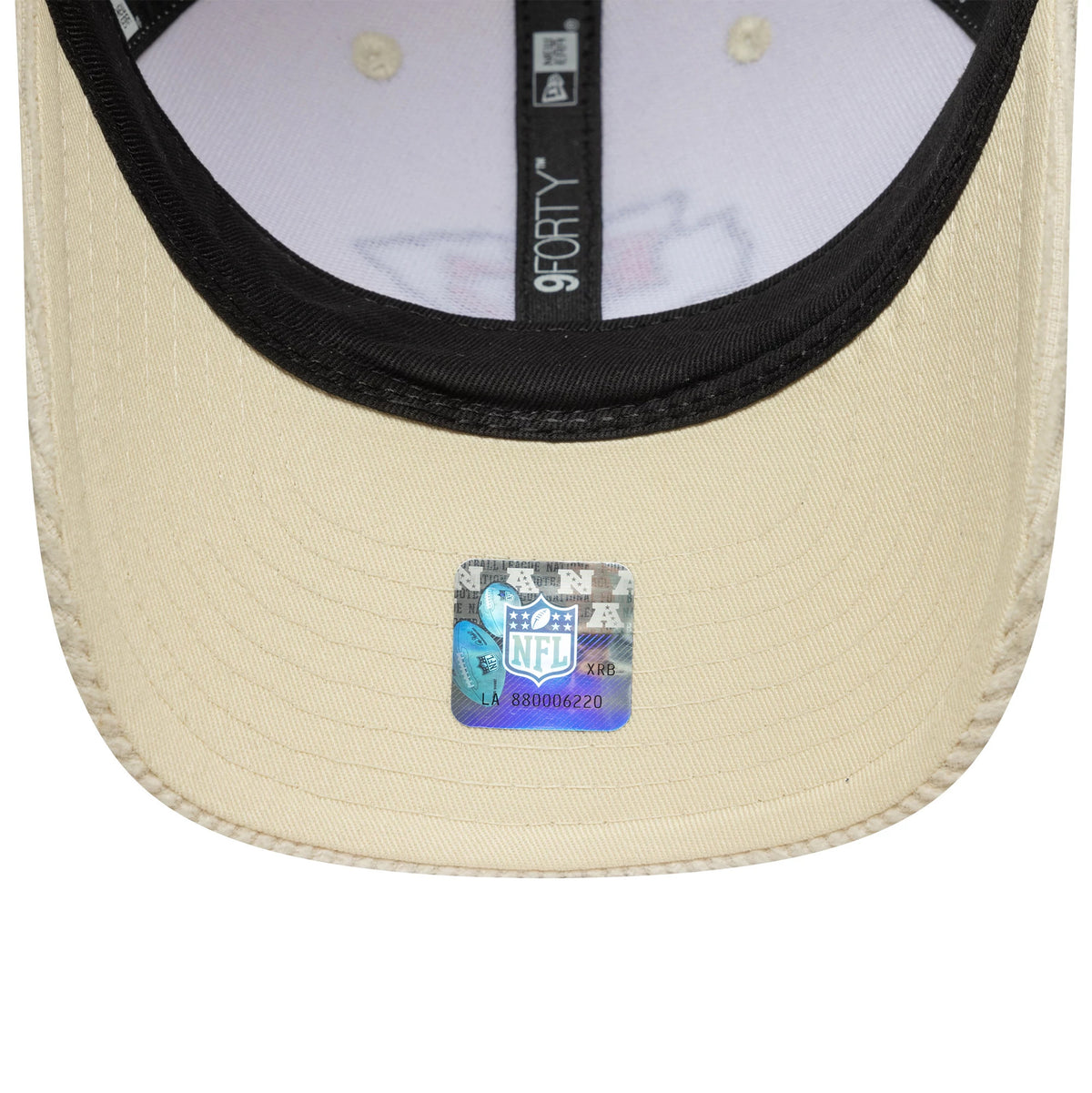 Kansas City Chiefs NFL Cord Cream New Era 9FORTY M-Crown Adjustable Cap, inside view showing the white sweatband with black 9FORTY taping, along with the beige undervisor and an NFL holographic sticker near the edge.