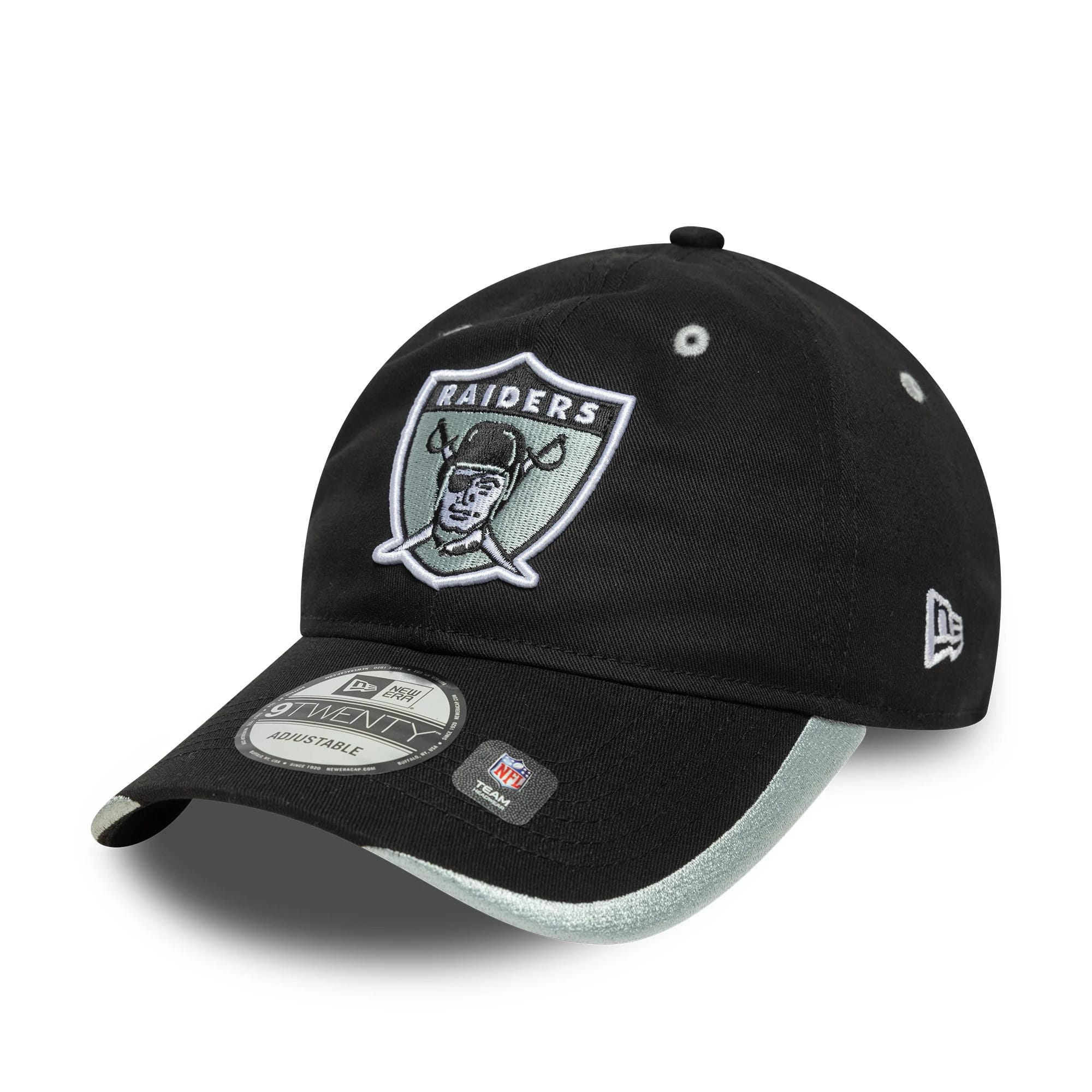 Las Vegas Raiders NFL Black New Era 9TWENTY Adjustable Cap, three-quarter view showing the black and white Raiders logo in raised embroidery on the front panel, with a curved visor and a 9TWENTY size sticker.