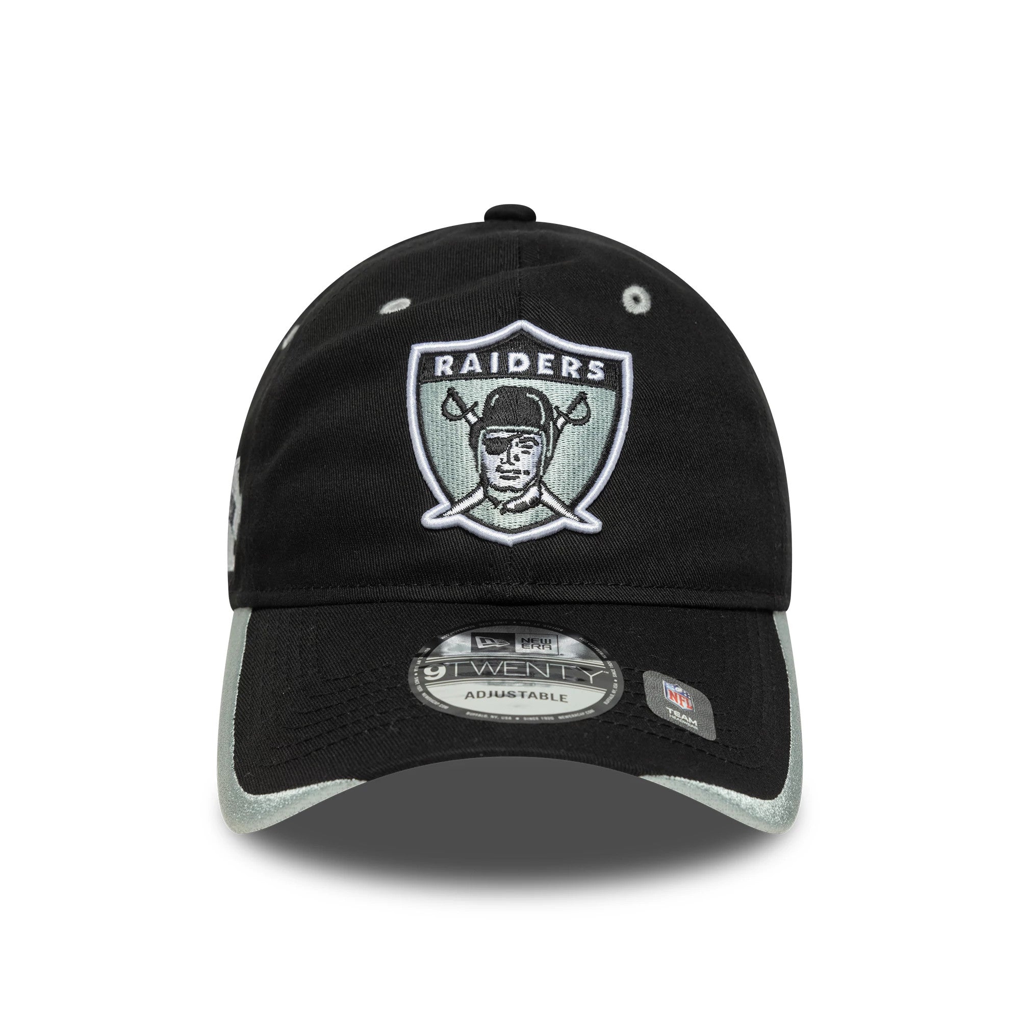 Las Vegas Raiders NFL Black New Era 9TWENTY Adjustable Cap, front view showing the raised silver and black embroidered Raiders logo on the front panel with a curved black visor and 9TWENTY size sticker.