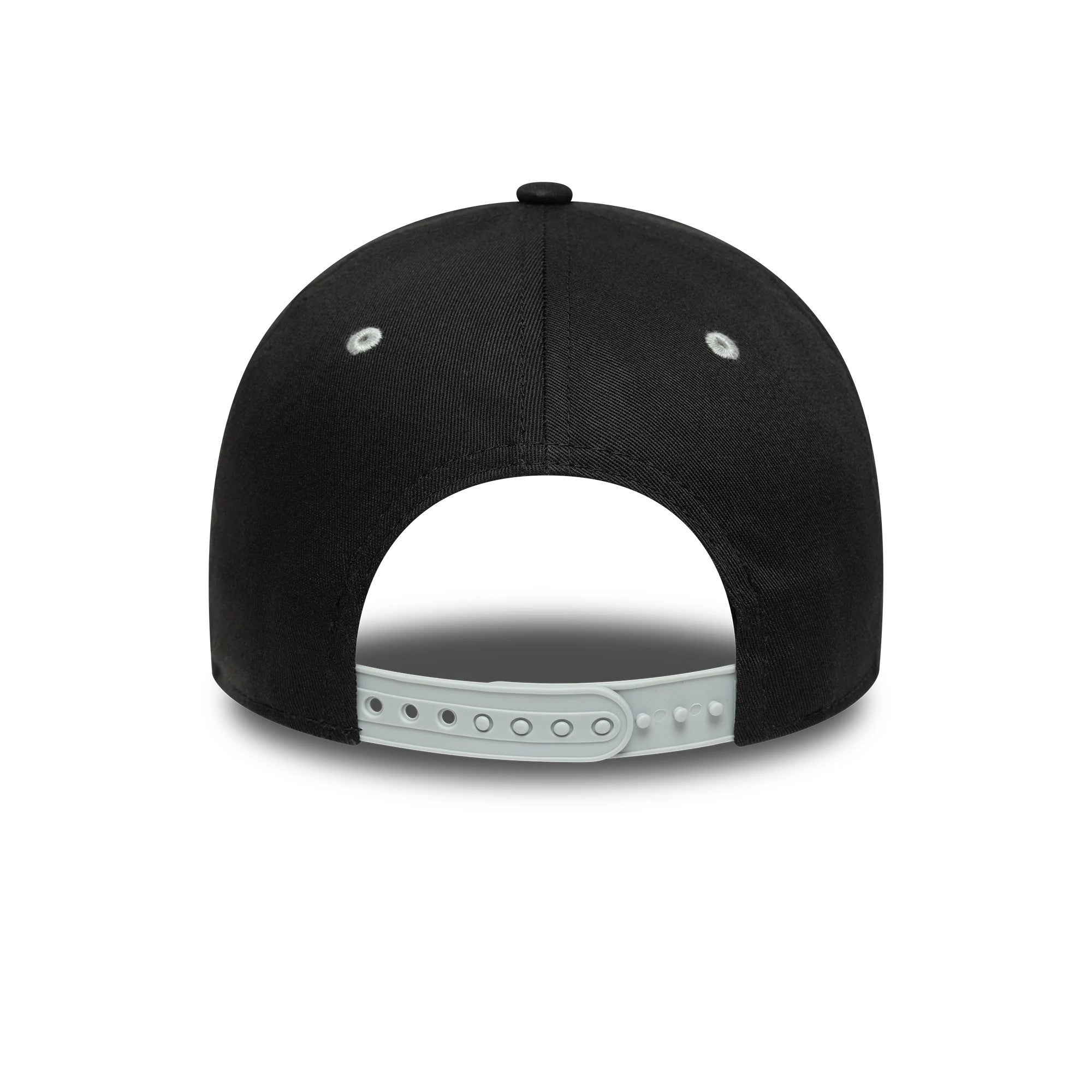 Las Vegas Raiders NFL Black New Era 9TWENTY Adjustable Cap, rear view showing the grey plastic strap at the back for size adjustment, with black crown and white embroidered eyelets on each panel.