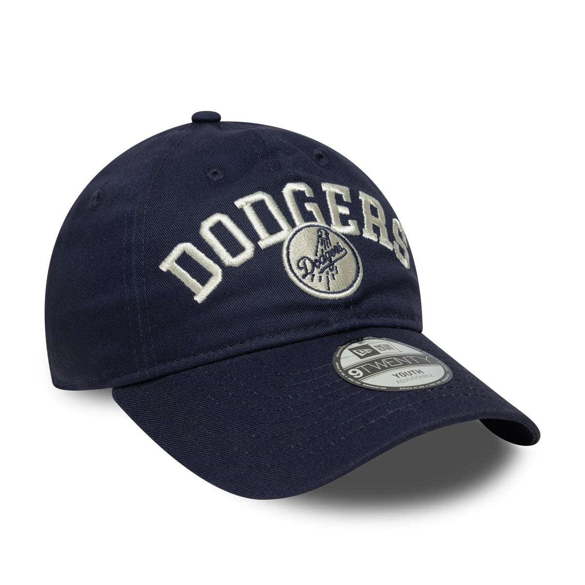 LA Dodgers Youth MLB College Navy New Era 9TWENTY Adjustable Cap, three-quarter view showing raised white embroidered Dodgers lettering on the navy crown, Dodgers logo below it, and 9TWENTY size sticker on the curved visor.