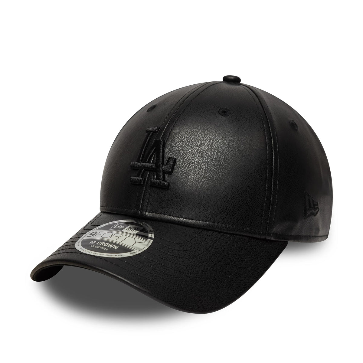 LA Dodgers MLB PU Black New Era 9FORTY M-Crown Adjustable Cap, three-quarter view showing the black embroidered LA logo on the front panel, curved black visor with 9FORTY size sticker, and New Era flag logo on the left side.