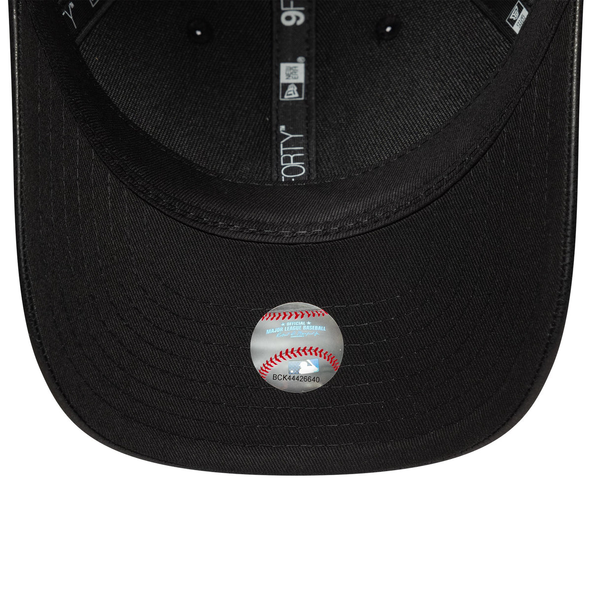 LA Dodgers MLB PU Black New Era 9FORTY M-Crown Adjustable Cap, inside view showing black fabric taping with New Era and 9FORTY branding, black sweatband, and a reflective sticker on the black undervisor.