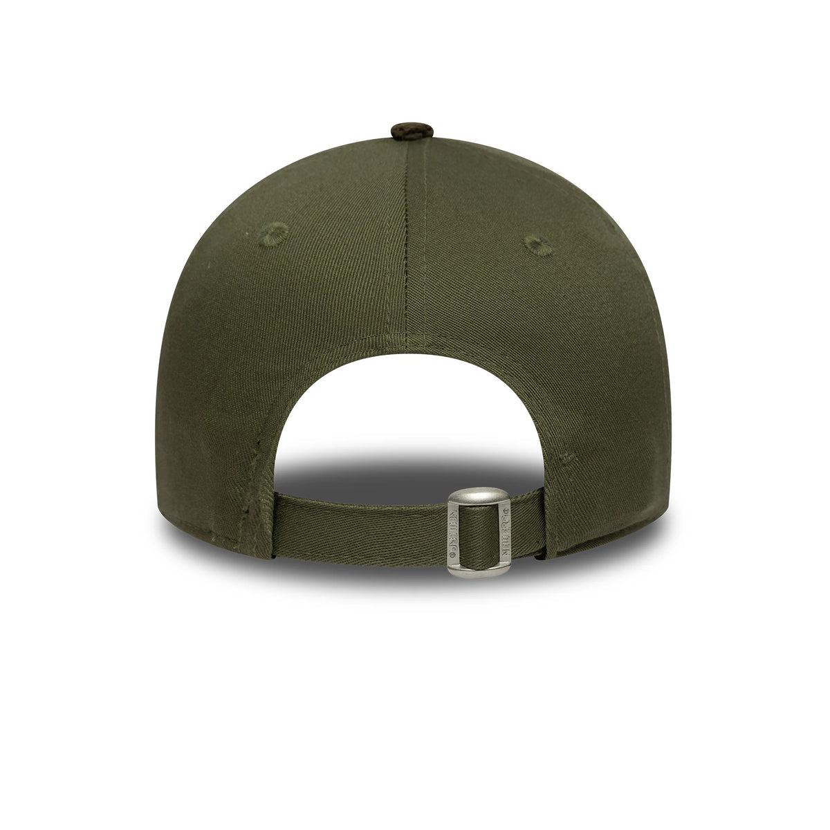 Child New Era Outdoor Green 9FORTY Adjustable Cap, rear view showing green structured panels, eyelets, green strap with a buckle for size adjustment and a top button on the green crown.