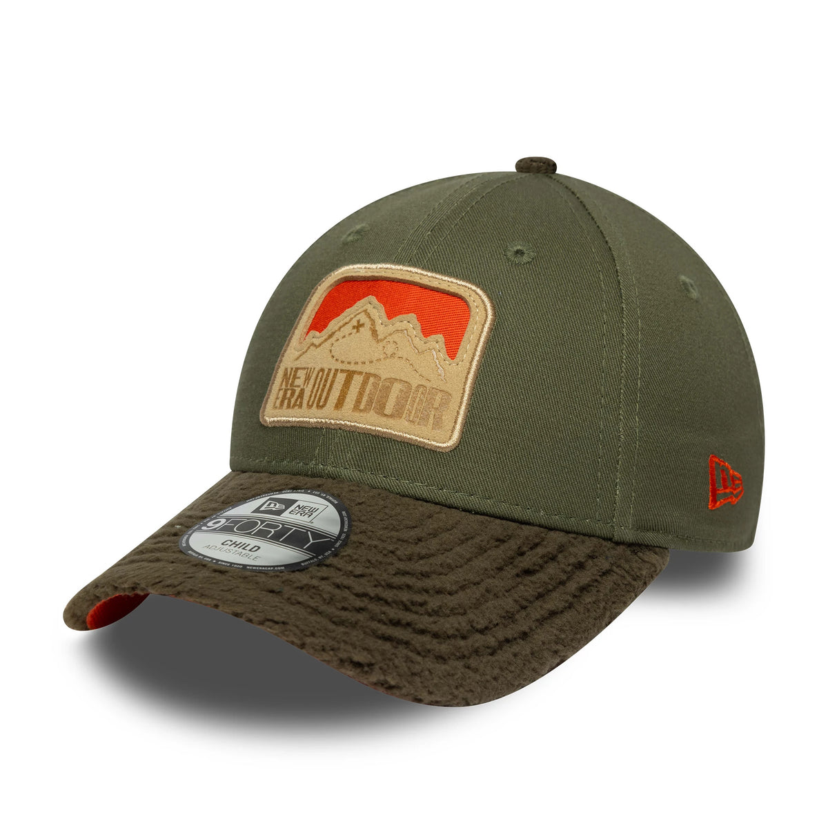 Child New Era Outdoor Green 9FORTY Adjustable Cap, front view with a beige and orange mountain graphic patch on the front panel, brown textured visor, black 9FORTY size sticker on the visor, and orange New Era flag logo on the left side.