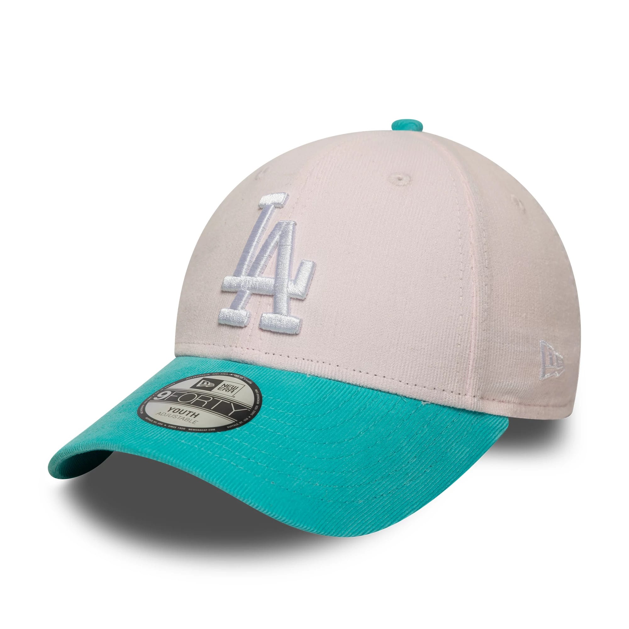 LA Dodgers Youth MLB Cord Pastel Pink New Era 9FORTY Adjustable Cap, front view showing white embroidered LA logo on the pastel pink crown, teal visor with 9FORTY size sticker, and New Era flag logo on the left side.