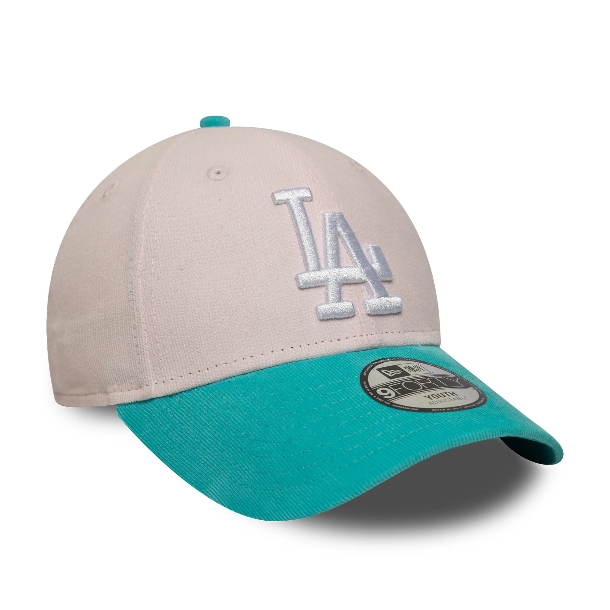 LA Dodgers Youth MLB Cord Pastel Pink New Era 9FORTY Adjustable Cap, three-quarter view showing a white raised LA logo on the front panel, a teal corduroy visor with a 9FORTY size sticker and a matching teal top button.