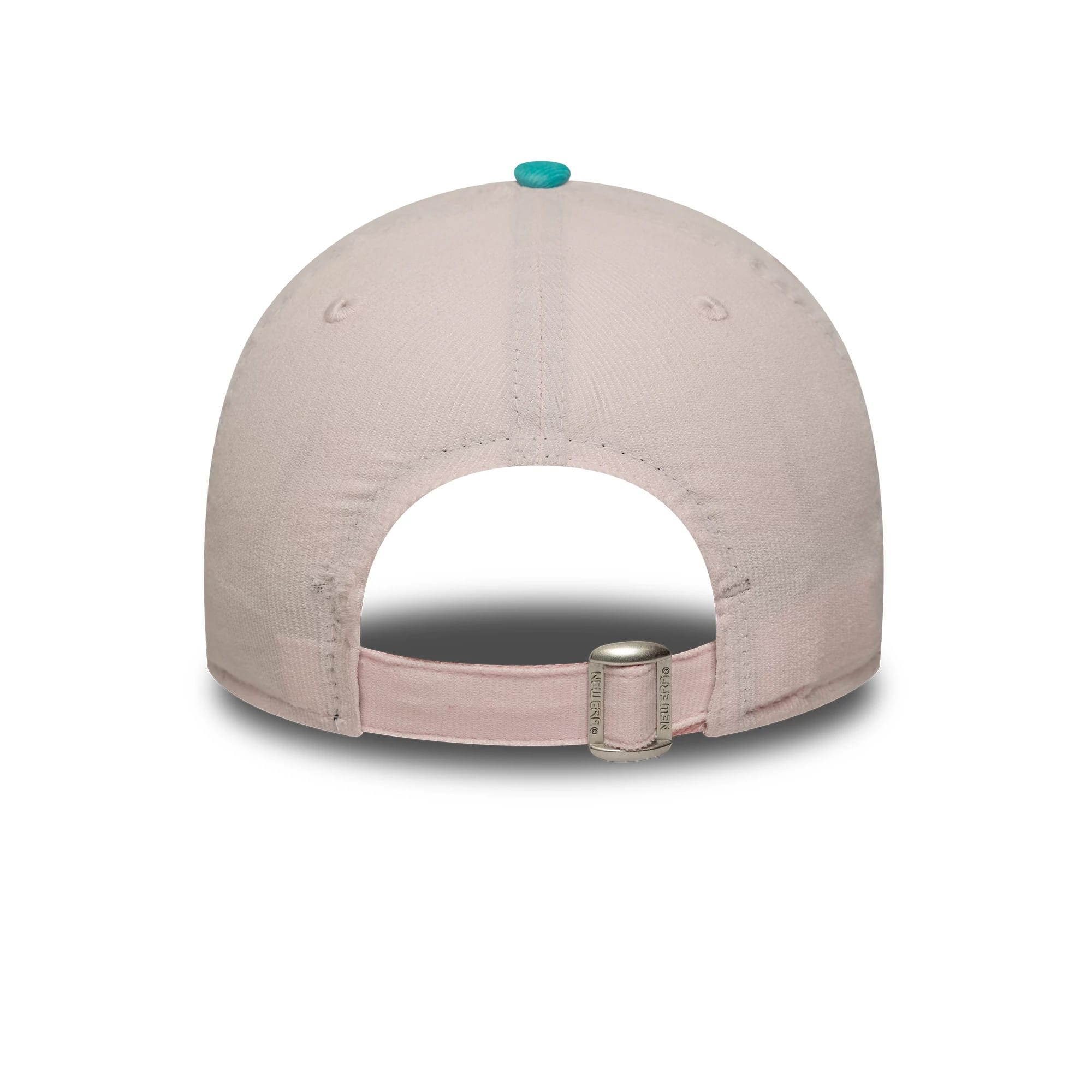 LA Dodgers Youth MLB Cord Pastel Pink New Era 9FORTY Adjustable Cap, rear view showing a teal top button, matching eyelets on the pastel pink crown, and an adjustable strap with a buckle closure at the back.